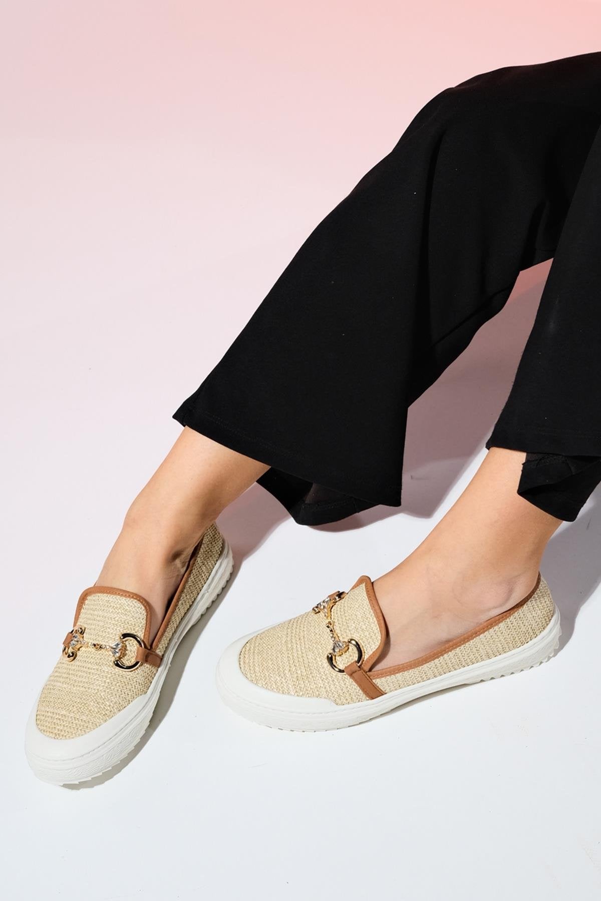 Barcelos - Beige Straw Buckle Loafer (Women)