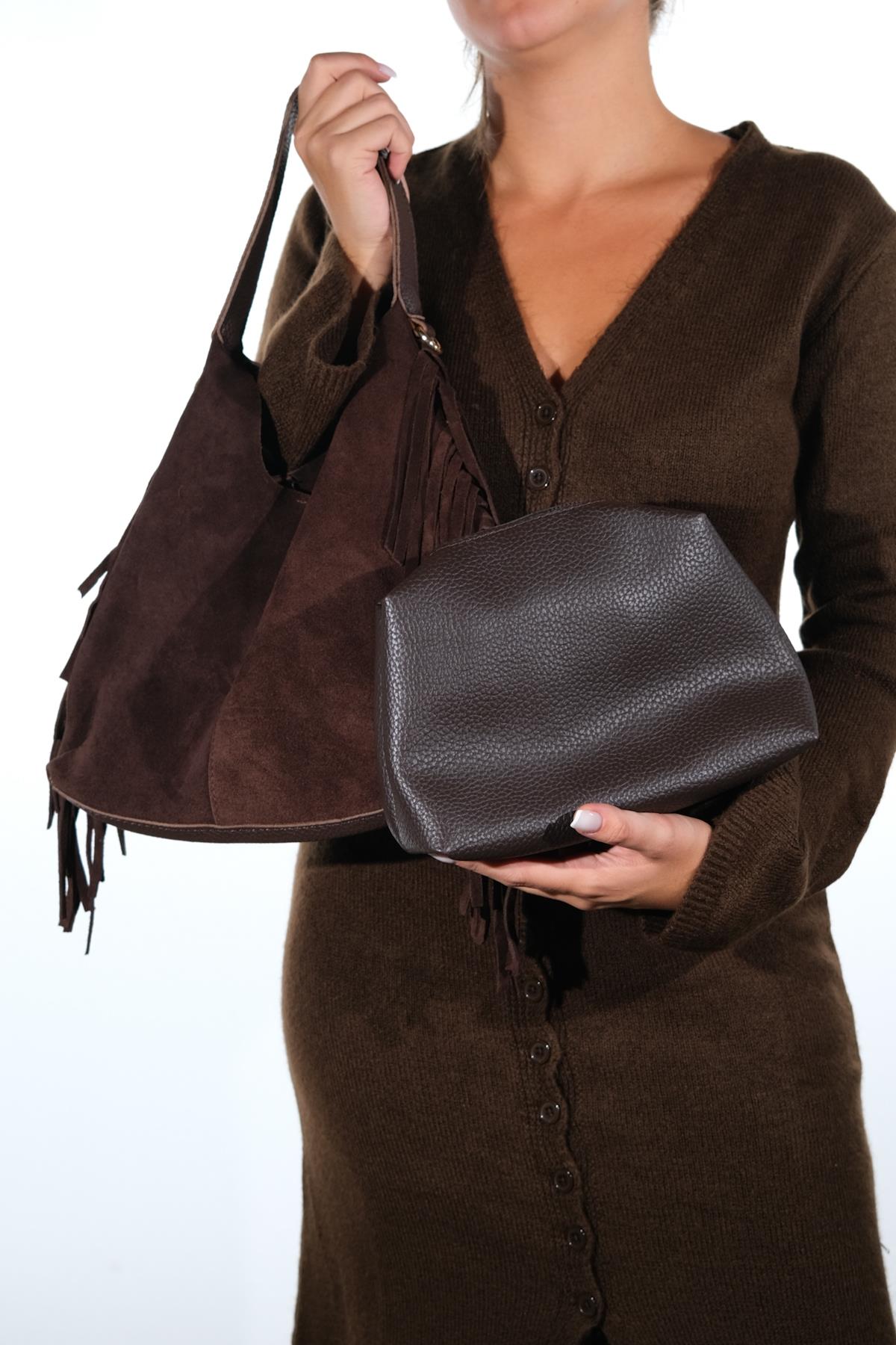 VALS - Cognac Genuine Suede Leather Shoulder Bag (Women)
