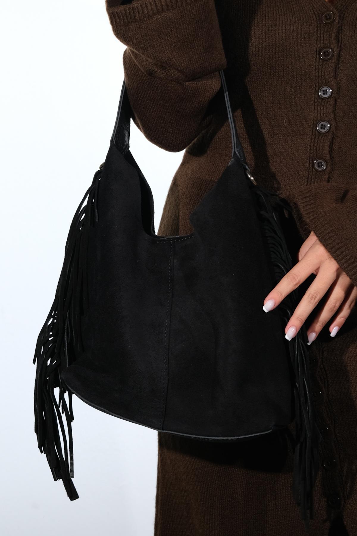 VALS - Black Genuine Suede Leather Shoulder Bag (Women)