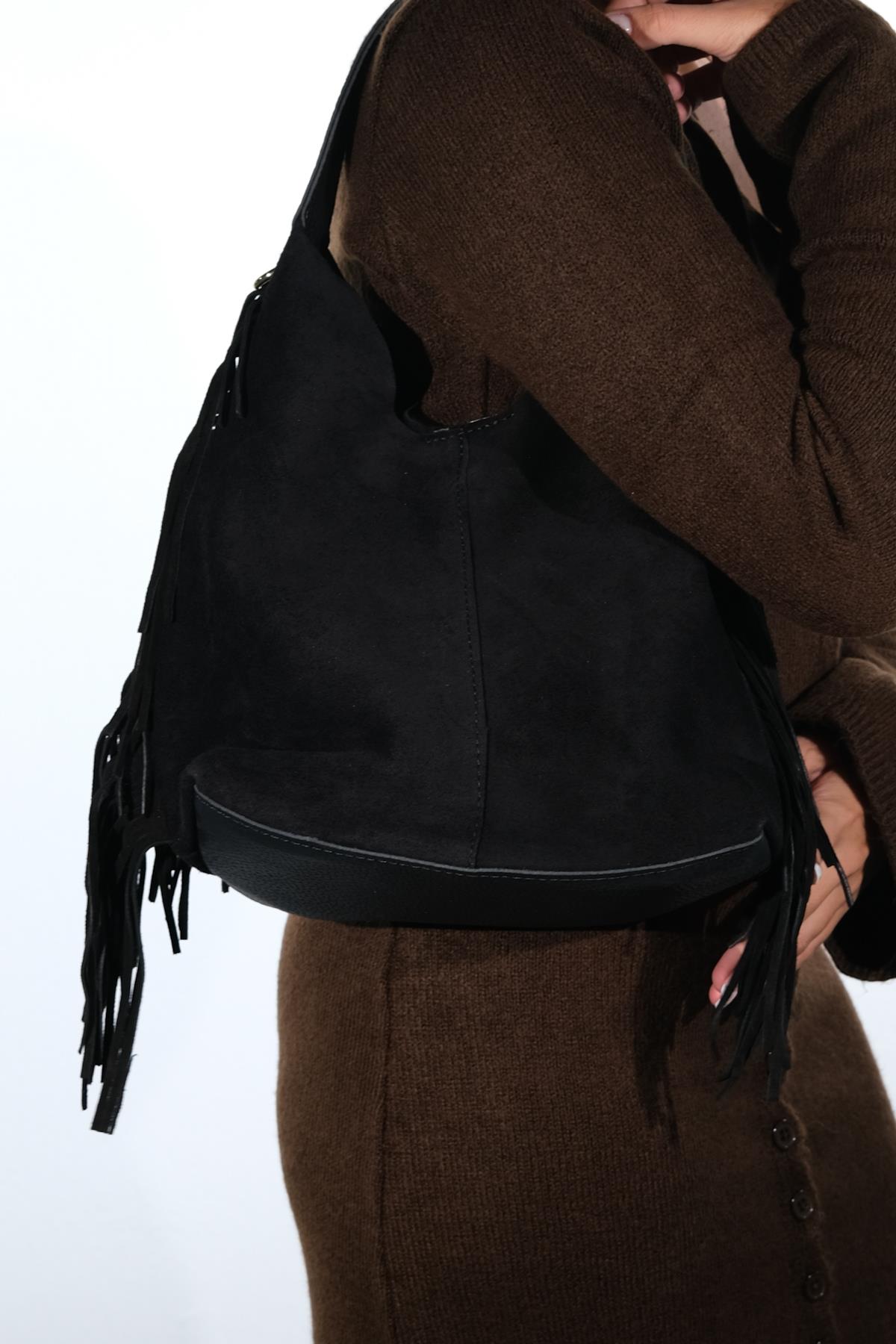 VALS - Black Genuine Suede Leather Shoulder Bag (Women)