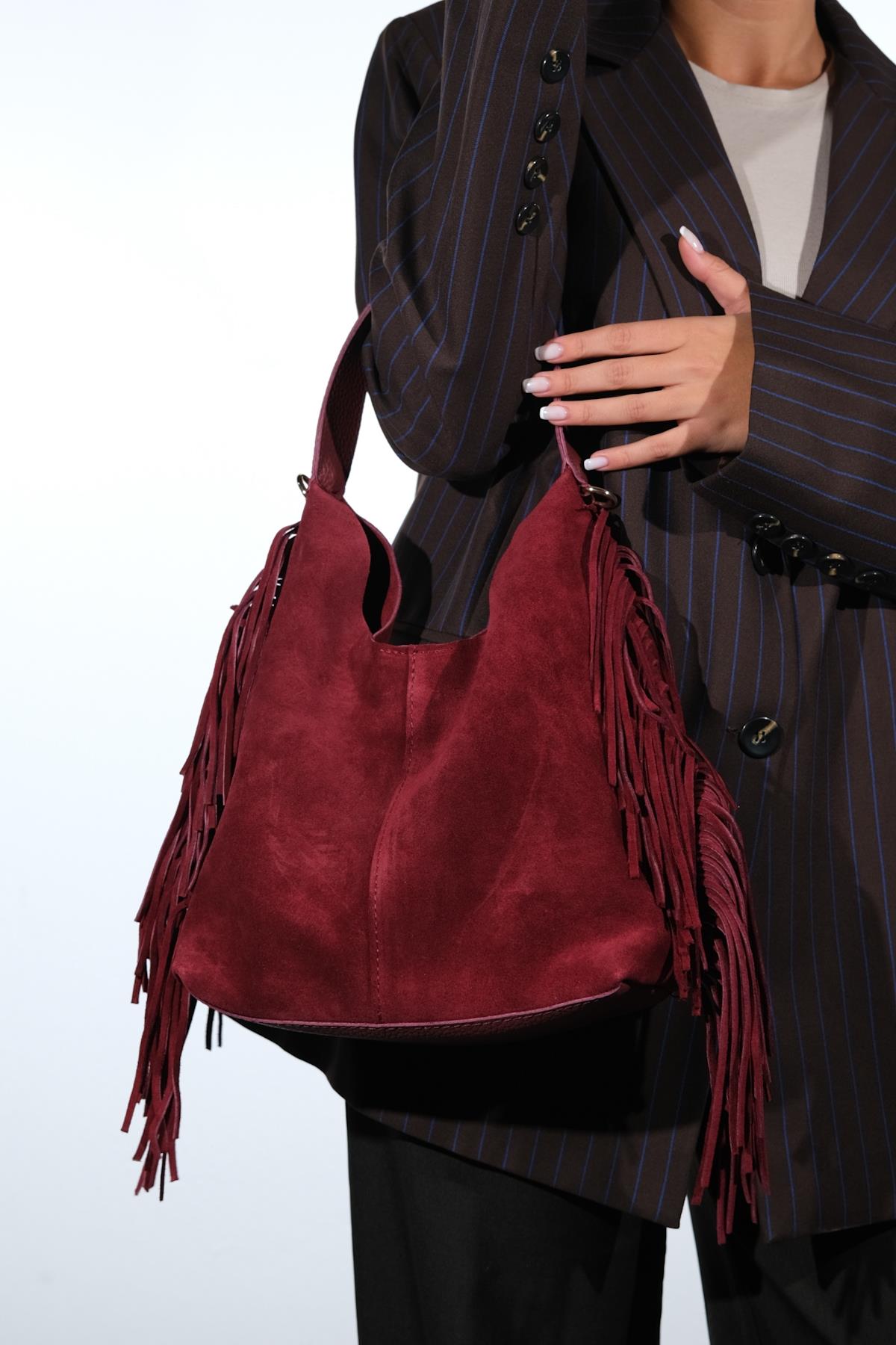VALS - Burgundy Genuine Suede Leather Shoulder Bag (Women)