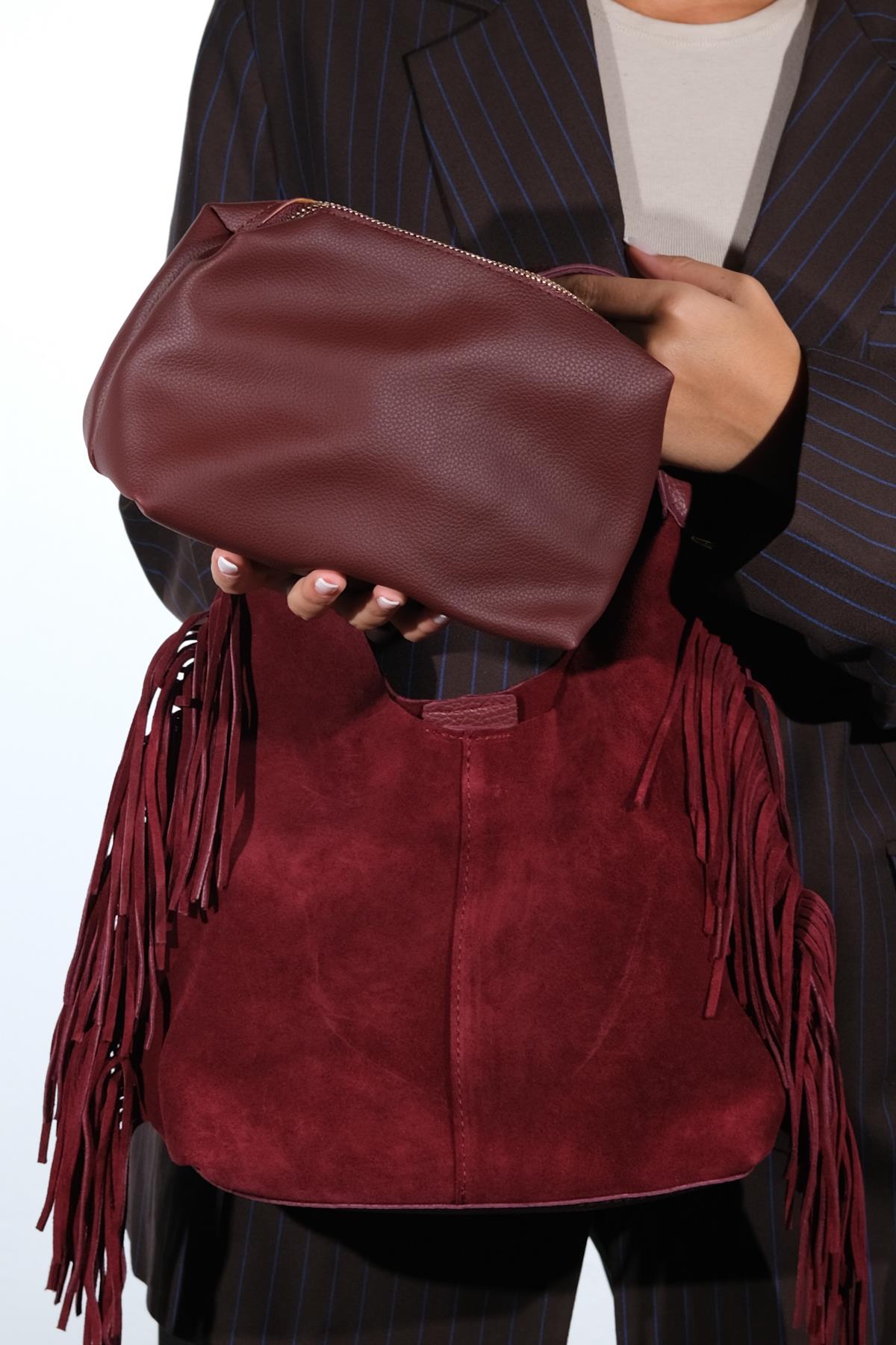 VALS - Burgundy Genuine Suede Leather Shoulder Bag (Women)