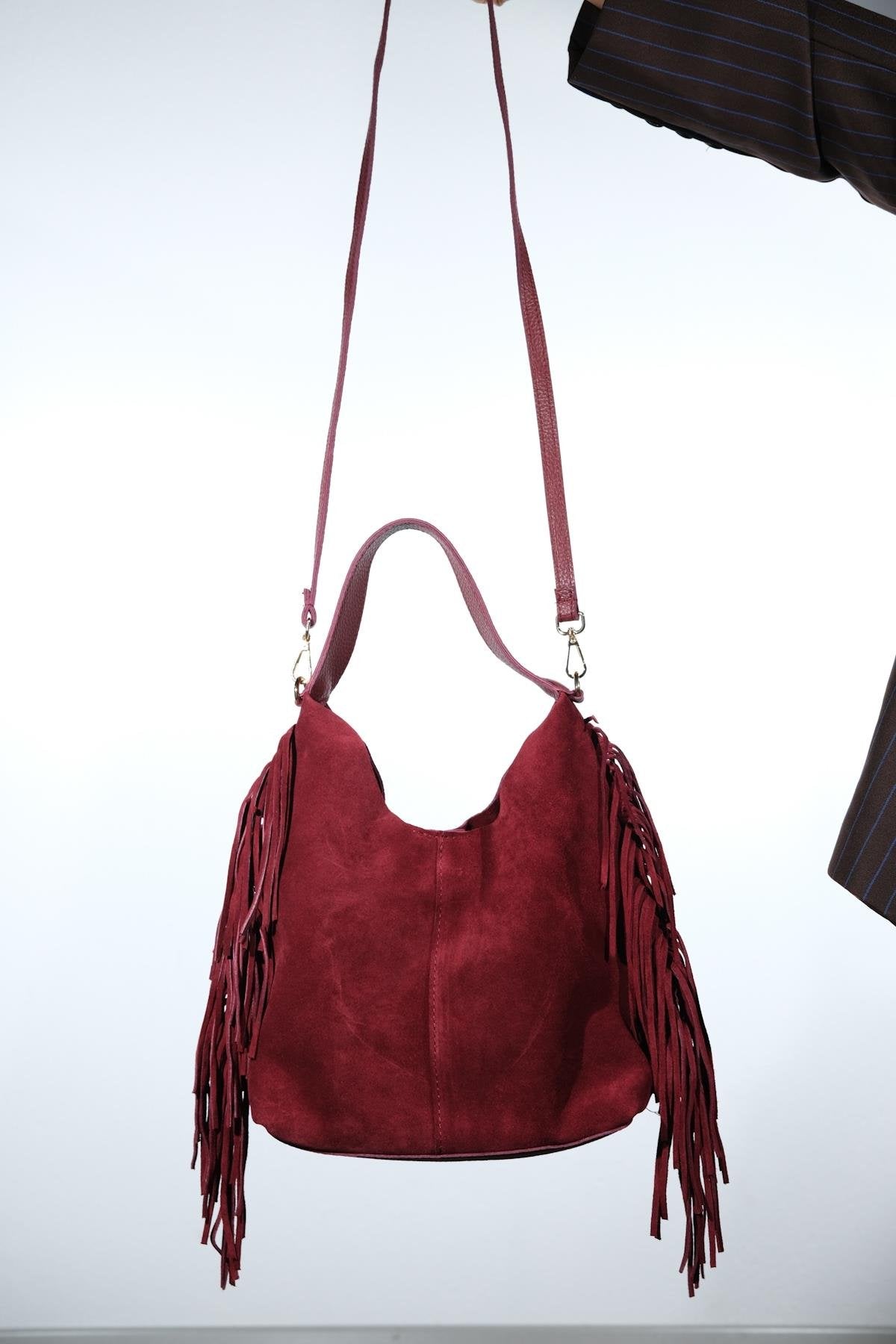 VALS - Burgundy Genuine Suede Leather Shoulder Bag (Women)