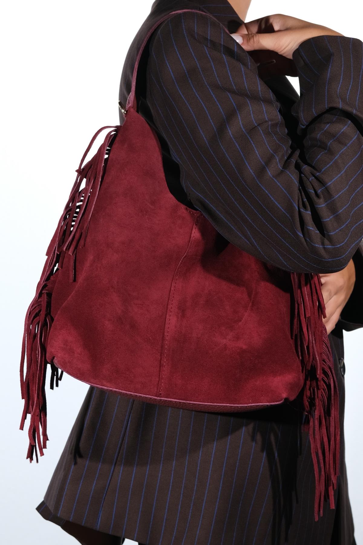 VALS - Burgundy Genuine Suede Leather Shoulder Bag (Women)