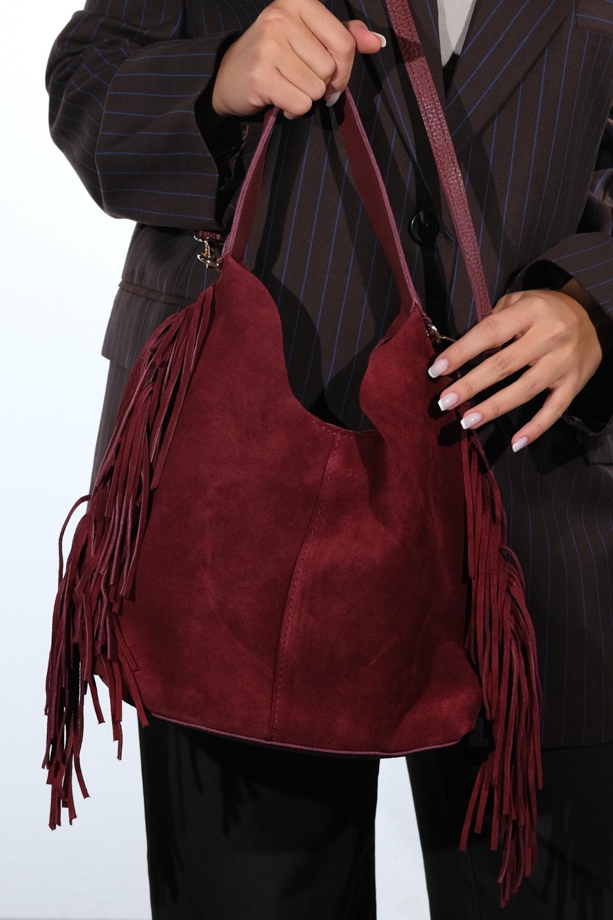 VALS - Burgundy Genuine Suede Leather Shoulder Bag (Women)