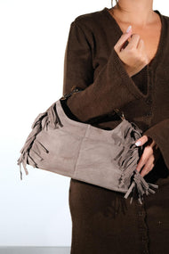ASTREN - Taupe Genuine Suede Leather Fringe Shoulder Bag (Women)