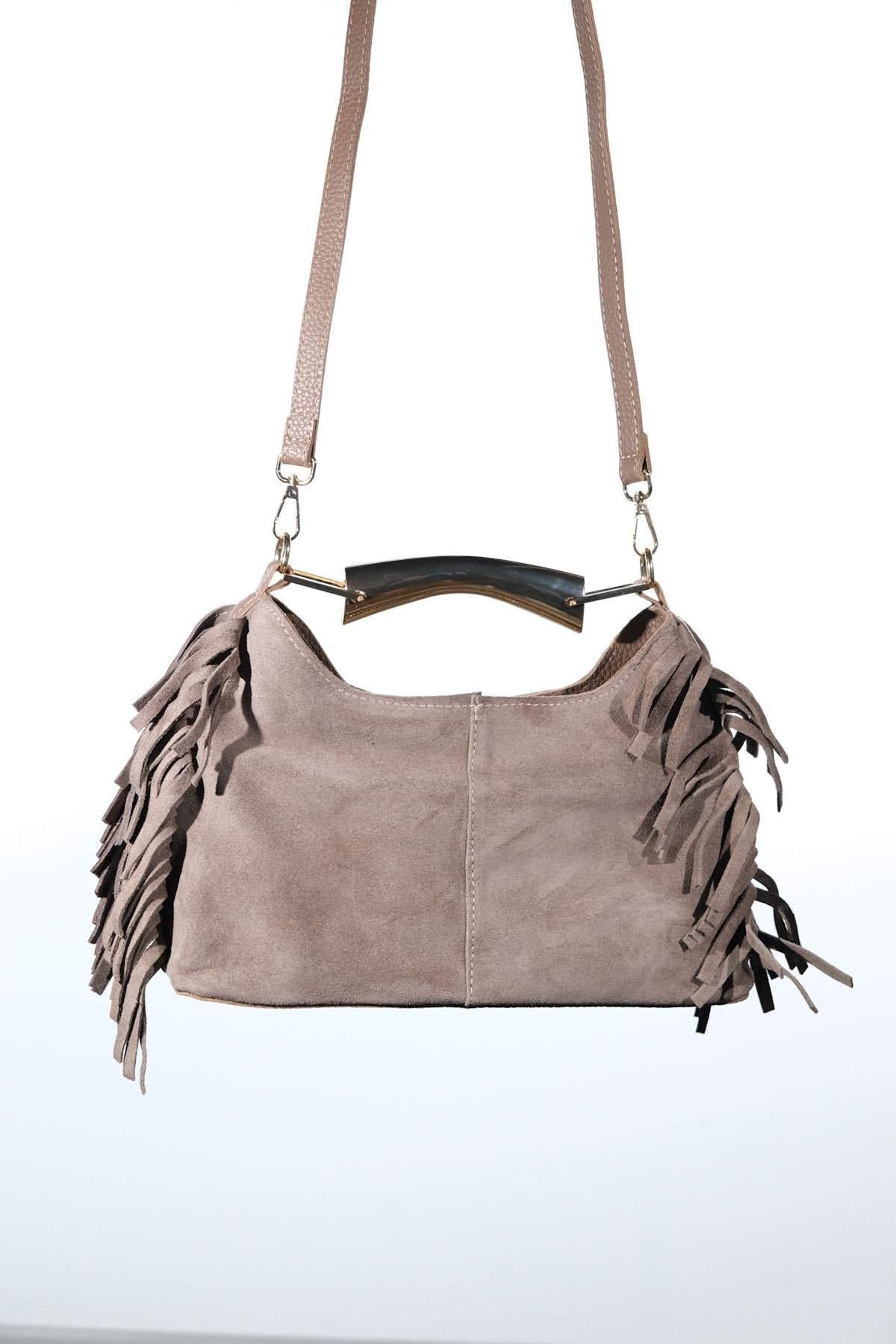ASTREN - Taupe Genuine Suede Leather Fringe Shoulder Bag (Women)