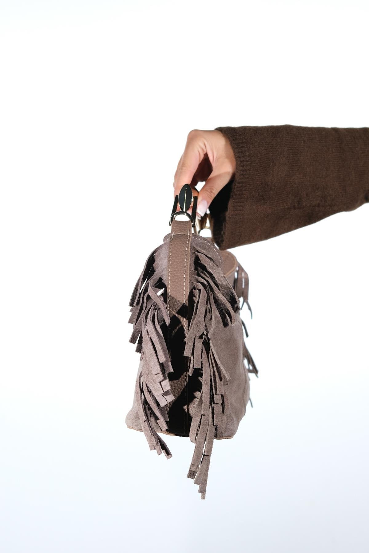 ASTREN - Taupe Genuine Suede Leather Fringe Shoulder Bag (Women)