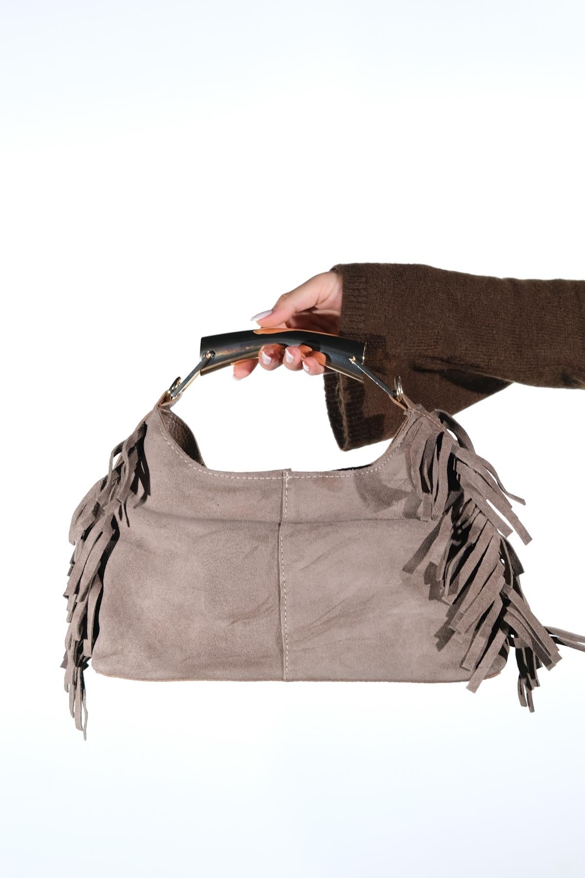 ASTREN - Taupe Genuine Suede Leather Fringe Shoulder Bag (Women)