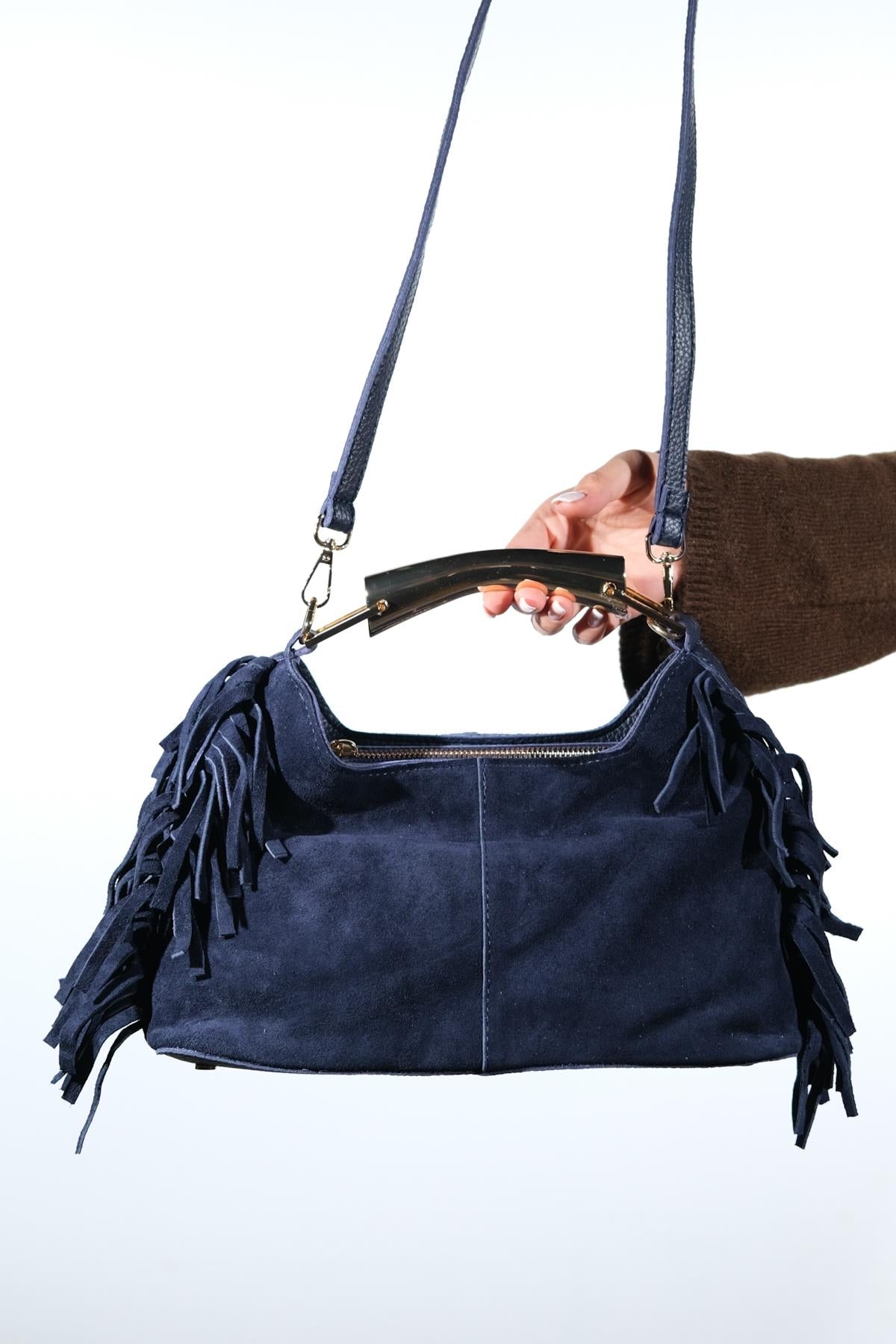 ASTREN - Navy Genuine Suede Leather Fringe Shoulder Bag (Women)