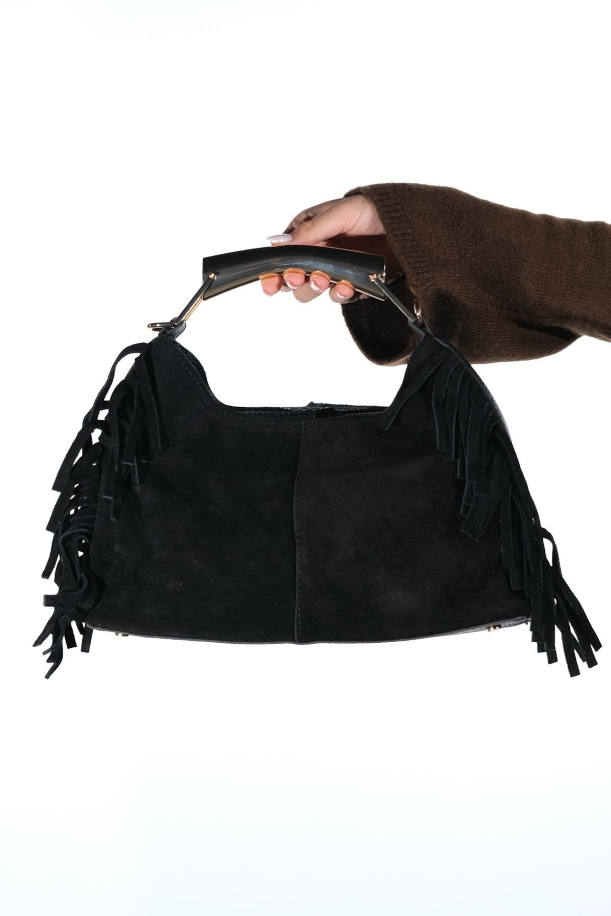 ASTREN - Black Genuine Suede Leather Fringe Shoulder Bag (Women)