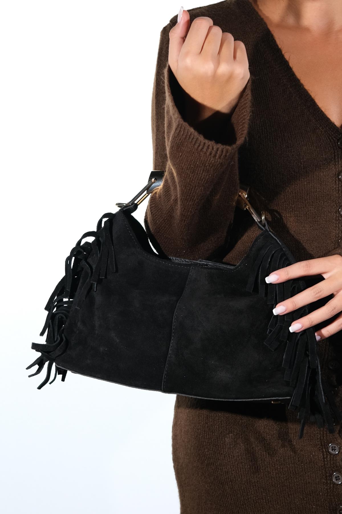 ASTREN - Black Genuine Suede Leather Fringe Shoulder Bag (Women)