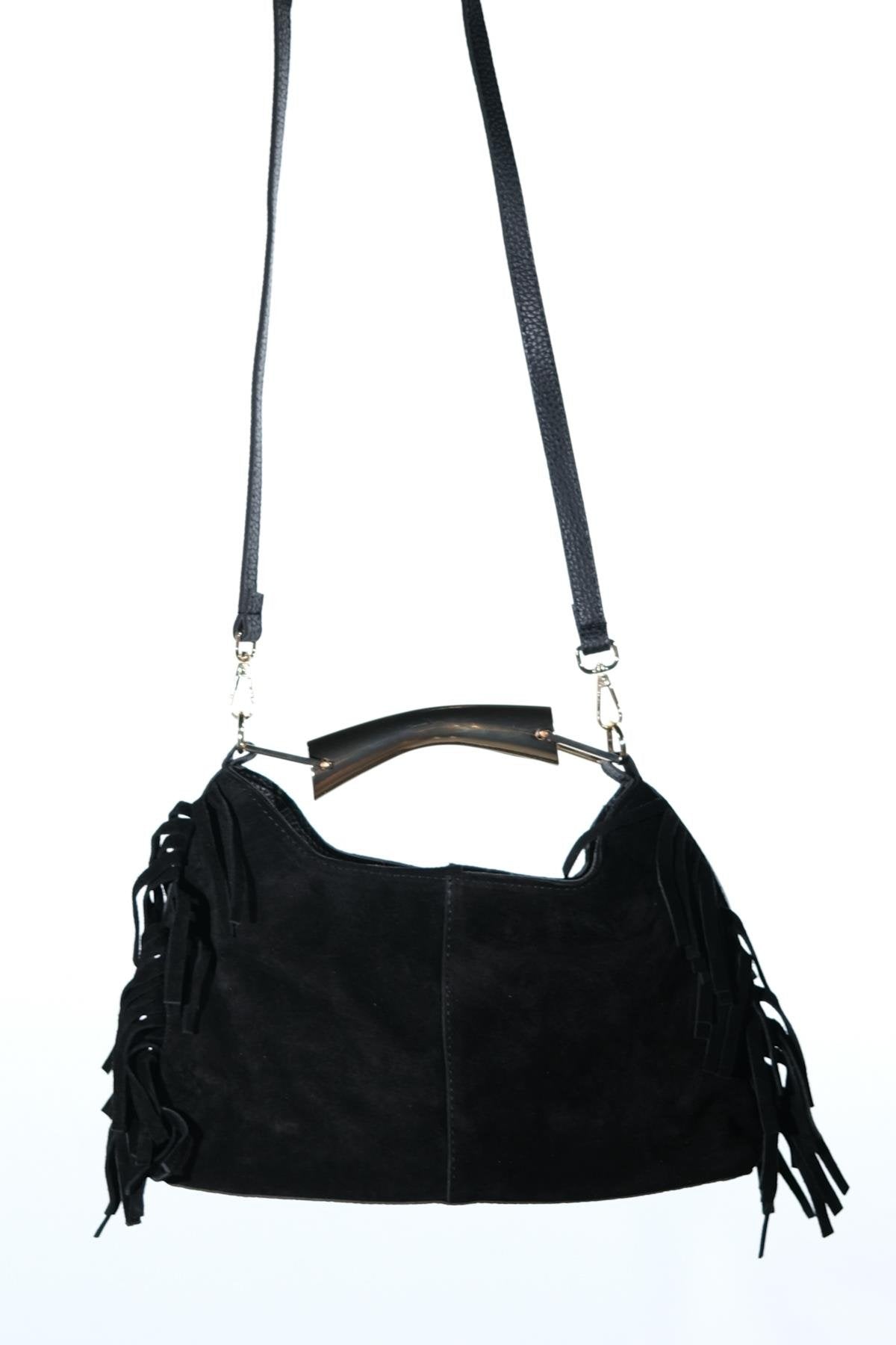 ASTREN - Black Genuine Suede Leather Fringe Shoulder Bag (Women)