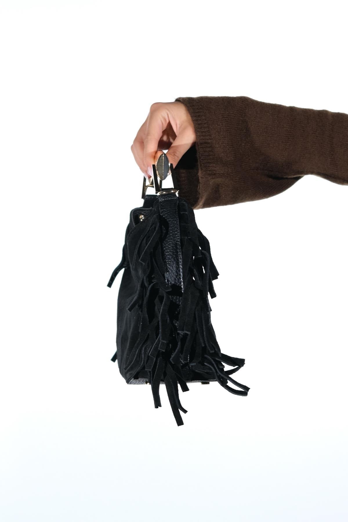 ASTREN - Black Genuine Suede Leather Fringe Shoulder Bag (Women)