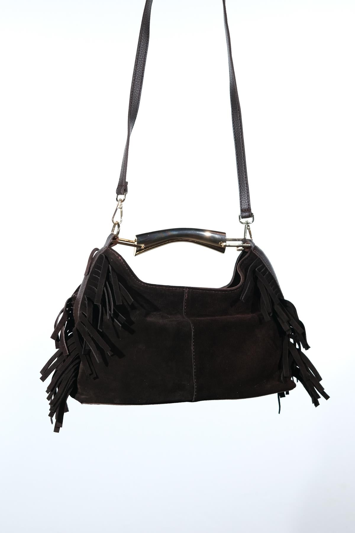 ASTREN - Brown Genuine Suede Leather Fringe Shoulder Bag (Women)