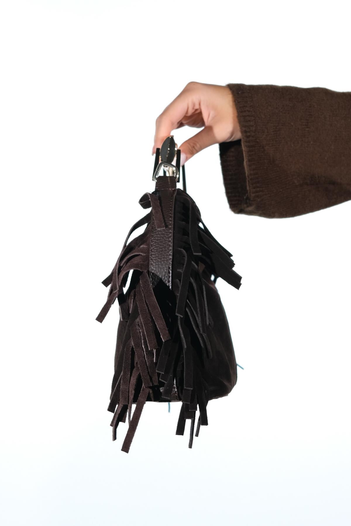 ASTREN - Brown Genuine Suede Leather Fringe Shoulder Bag (Women)