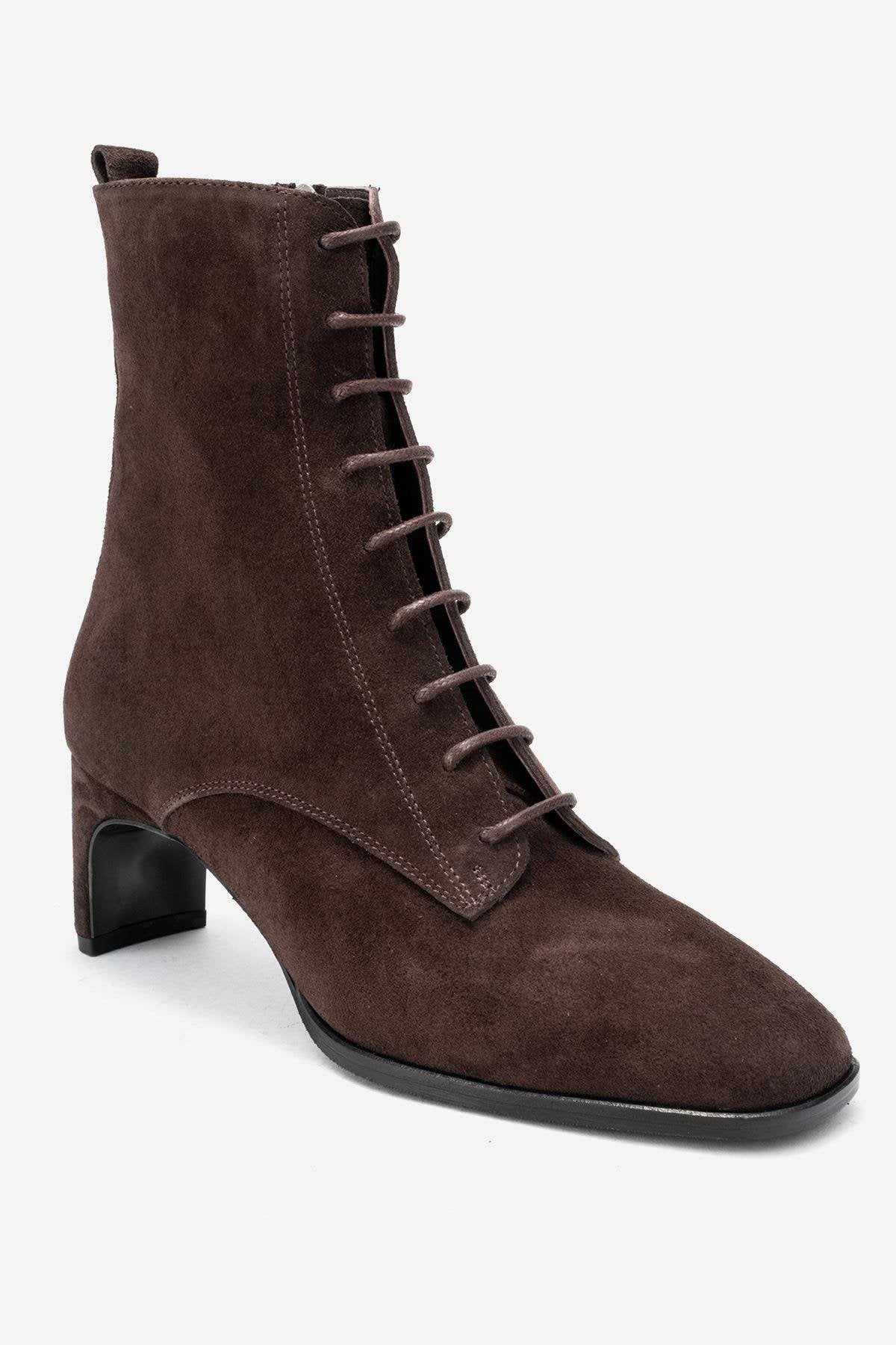 SUDY - Brown Suede Genuine Leather Lace-Up Block Heel Boot (Women)