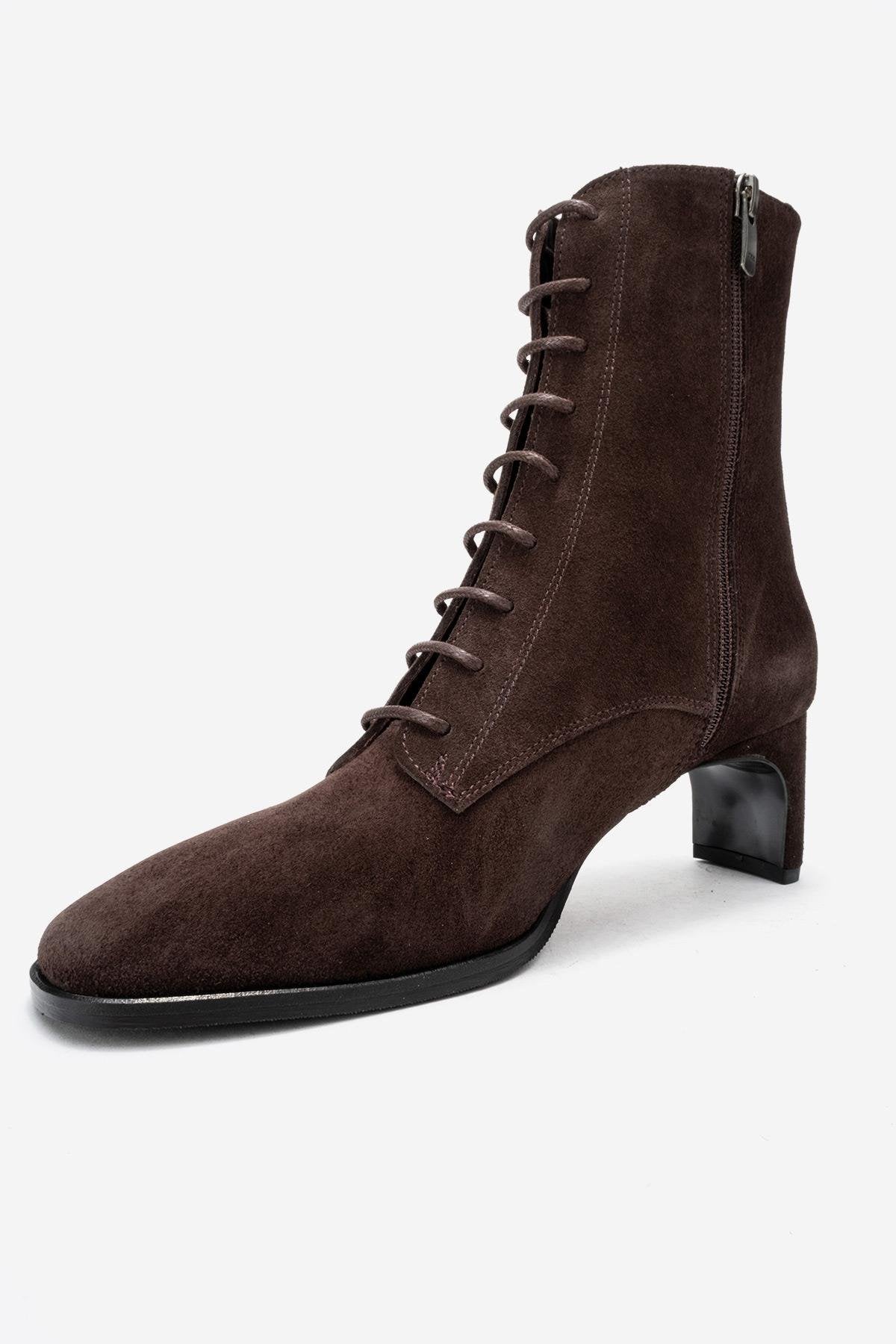 SUDY - Brown Suede Genuine Leather Lace-Up Block Heel Boot (Women)
