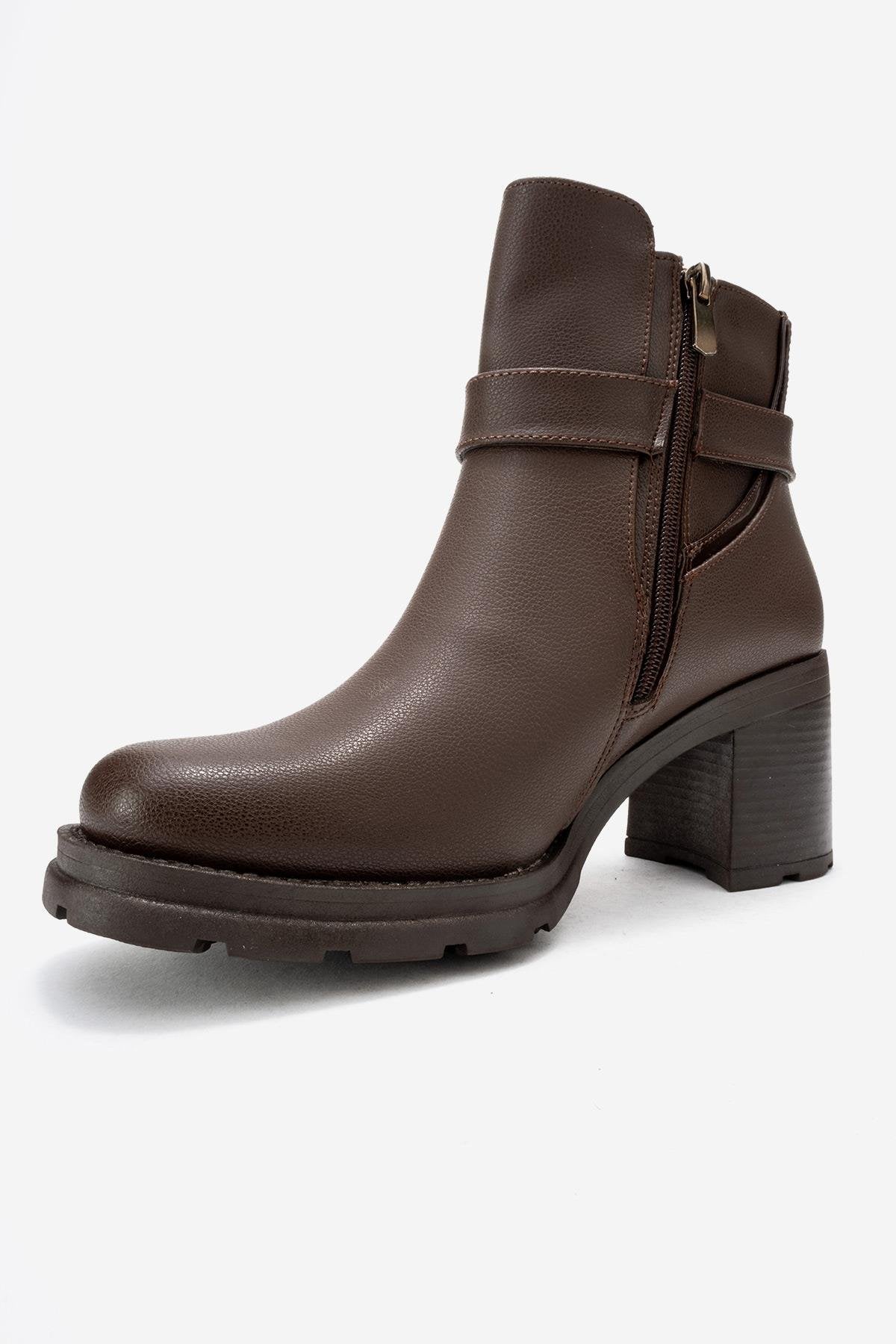 HEİLE - Brown Buckled Block Heel Boot (Women)