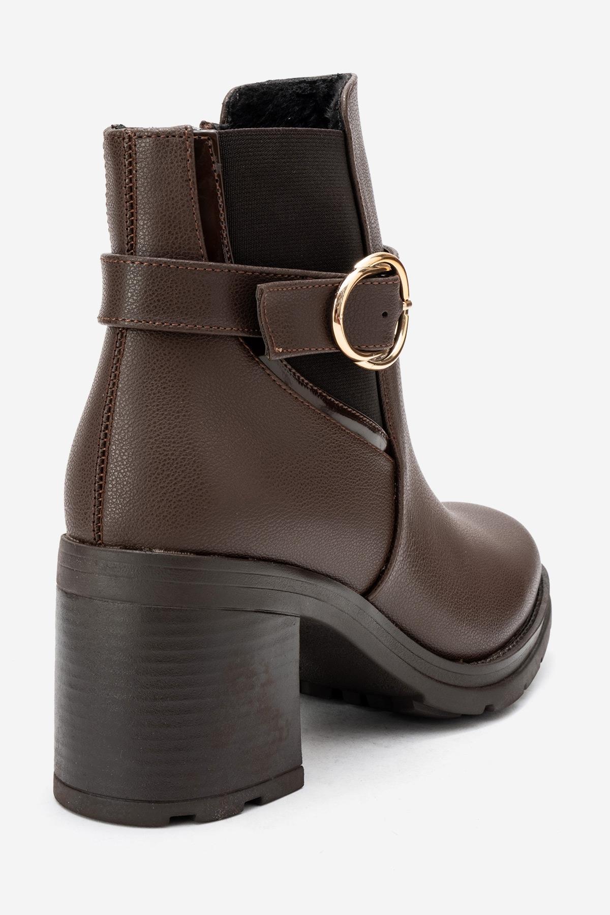 HEİLE - Brown Buckled Block Heel Boot (Women)