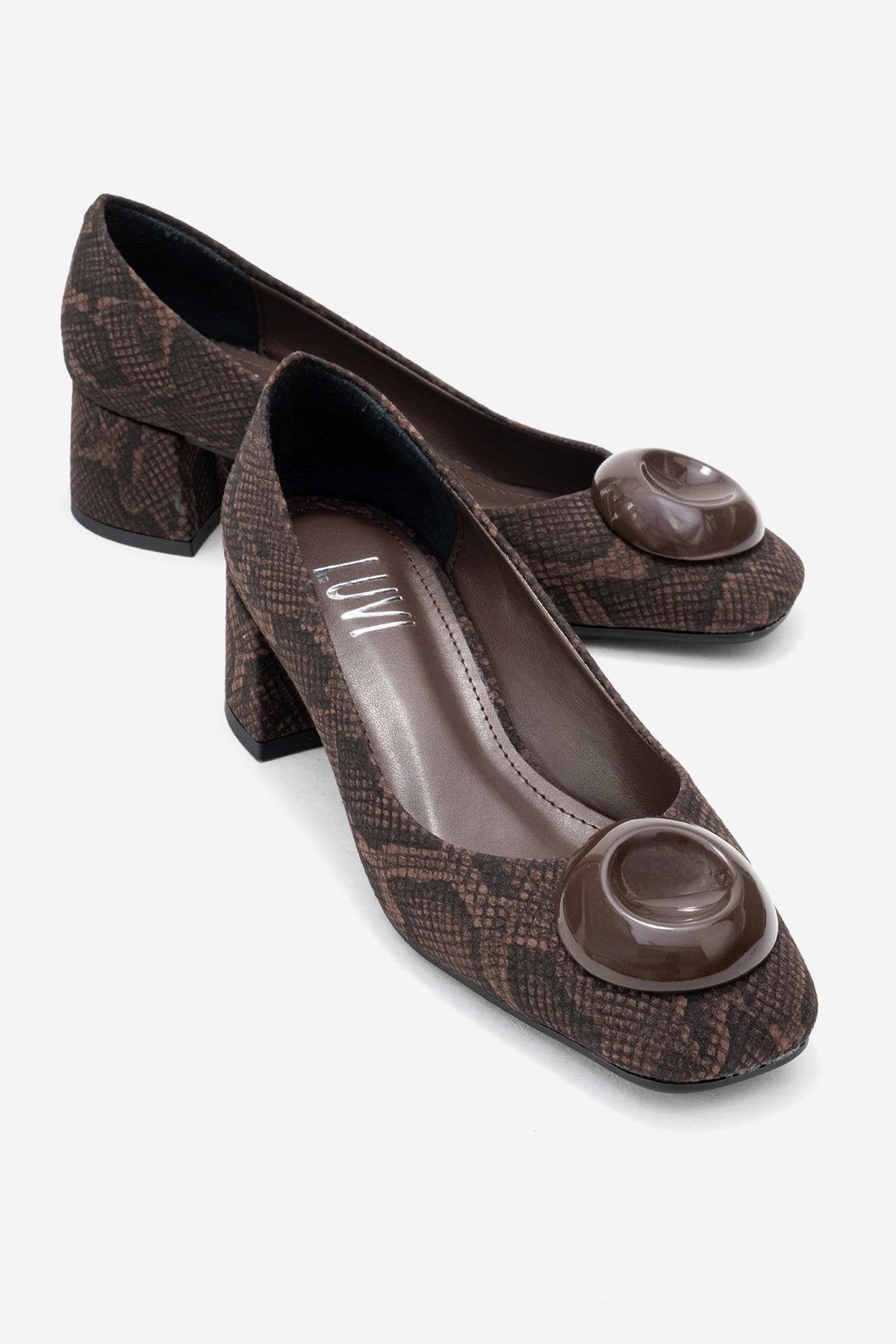 MILA - Brown Buckled Square Toe Block Heel Pump (Women)