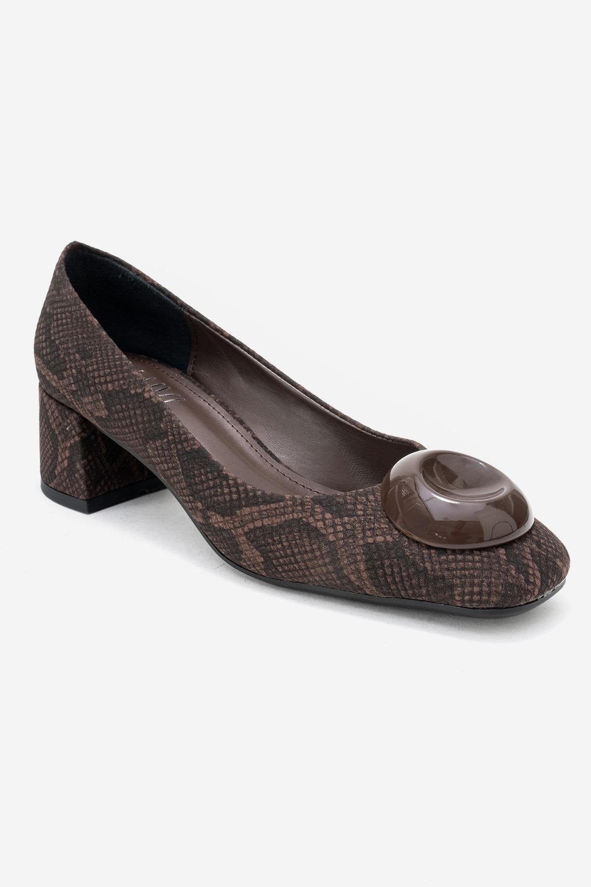 MILA - Brown Buckled Square Toe Block Heel Pump (Women)