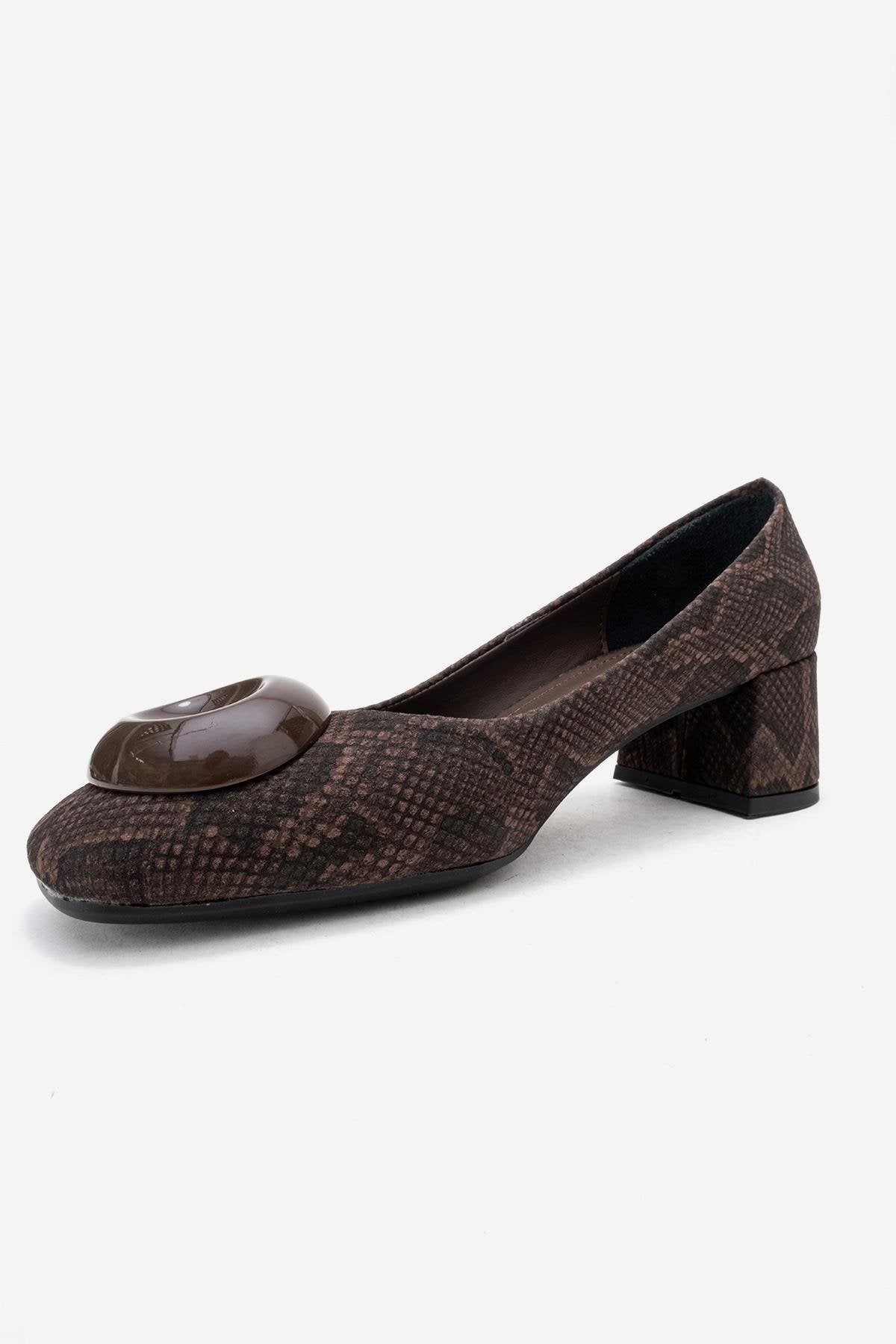 MILA - Brown Buckled Square Toe Block Heel Pump (Women)
