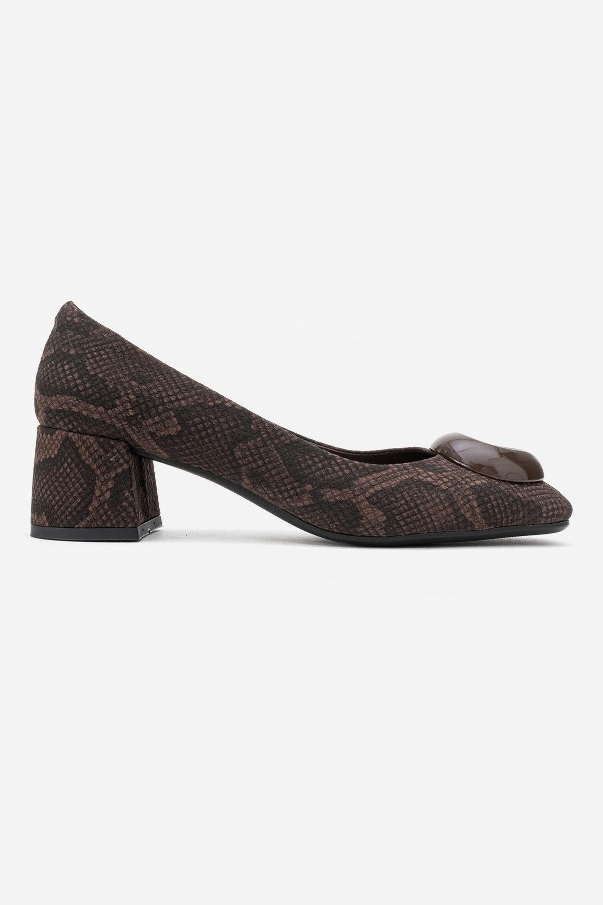 MILA - Brown Buckled Square Toe Block Heel Pump (Women)