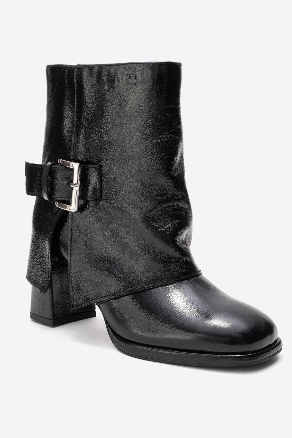 LORE - Black Genuine Leather Block Heel Boot (Women)
