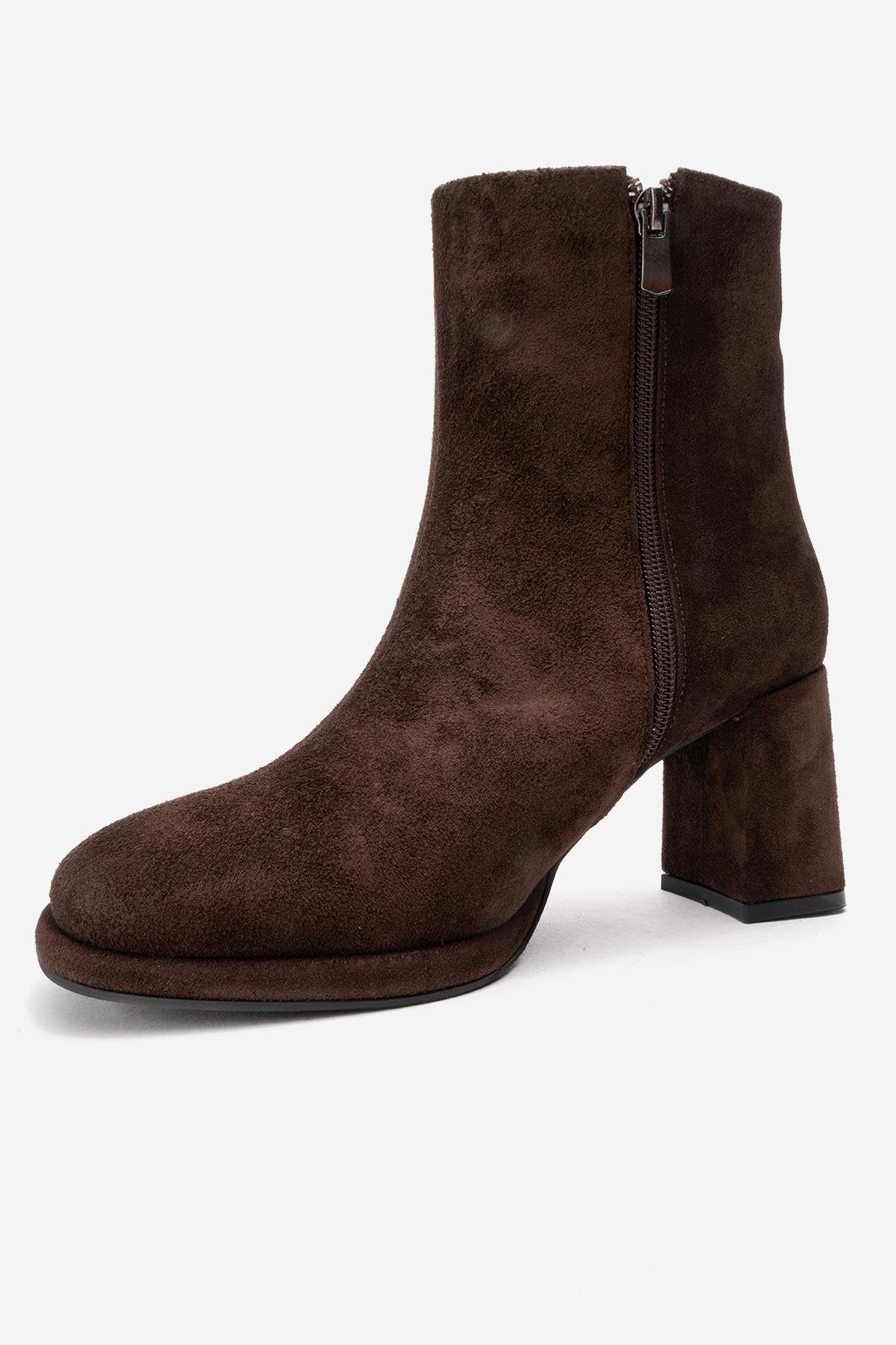 Napoli - Brown Suede Genuine Leather Block Heel Ankle Boot (Women)