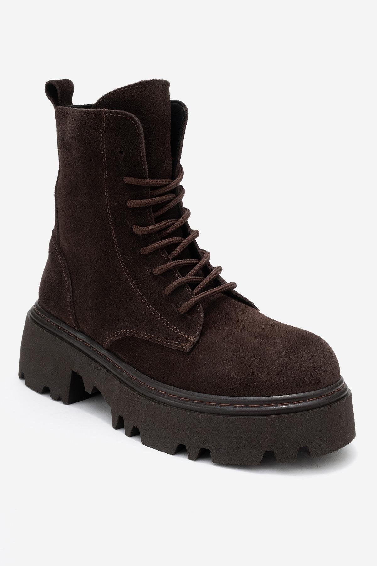Tina - Brown Genuine Suede Leather Combat Boot (Women)