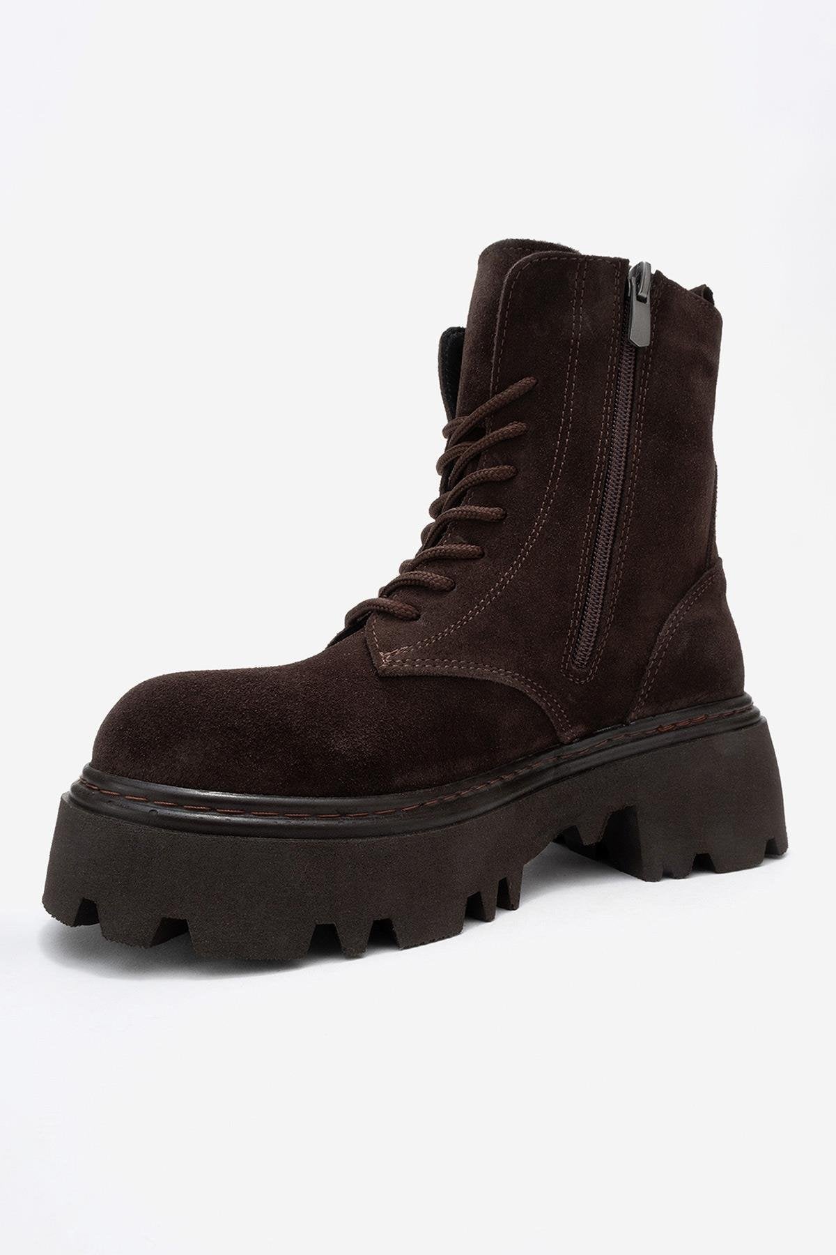 Tina - Brown Genuine Suede Leather Combat Boot (Women)