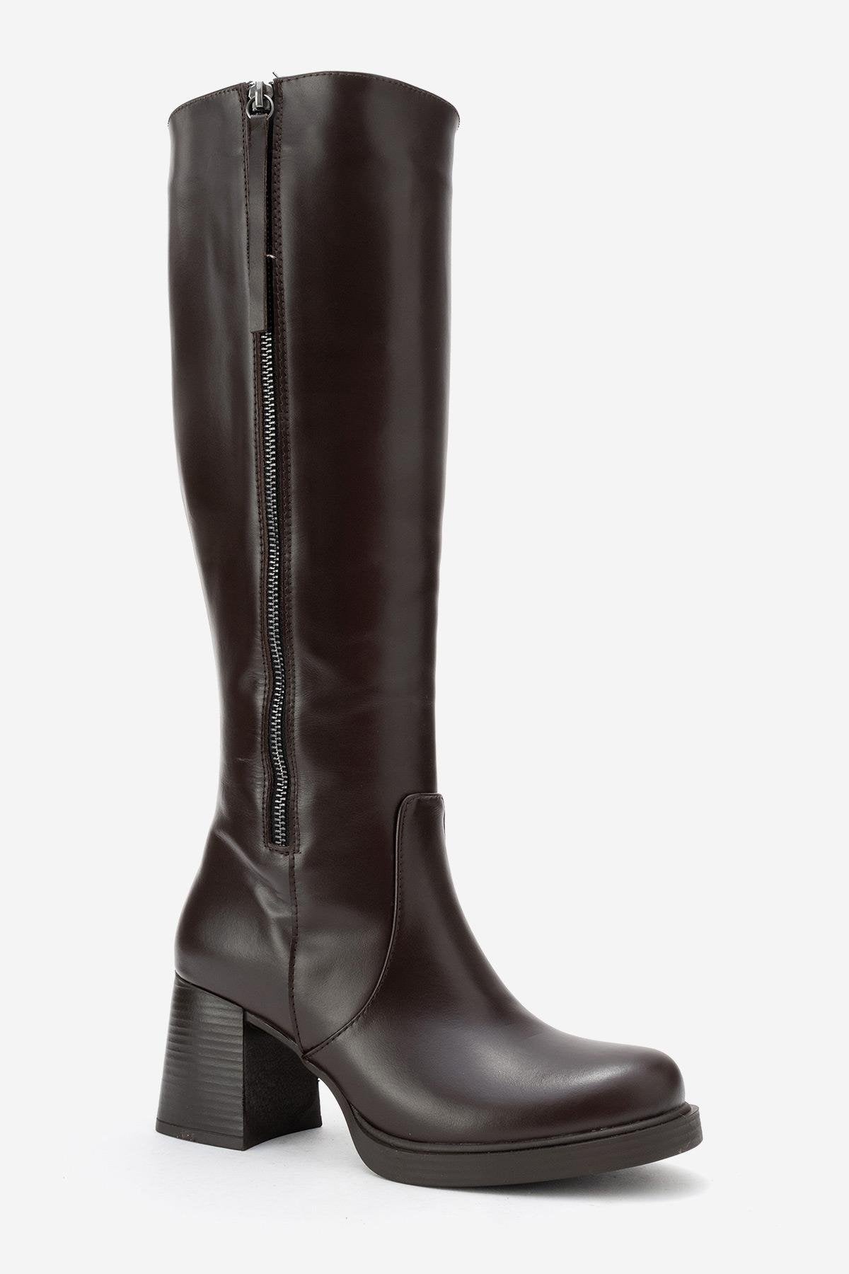 LENSA - Brown Genuine Leather Block Heel Knee-High Boot (Women)