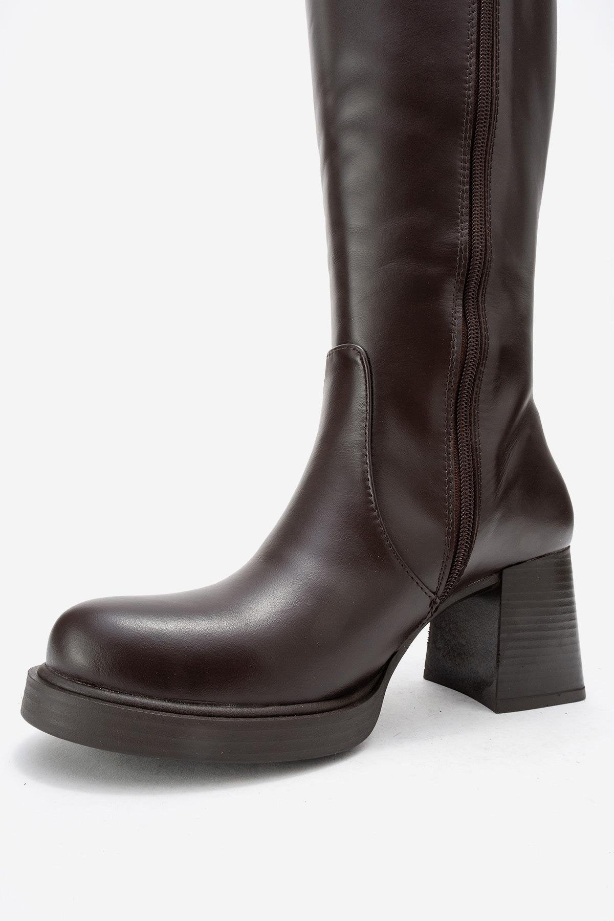 LENSA - Brown Genuine Leather Block Heel Knee-High Boot (Women)