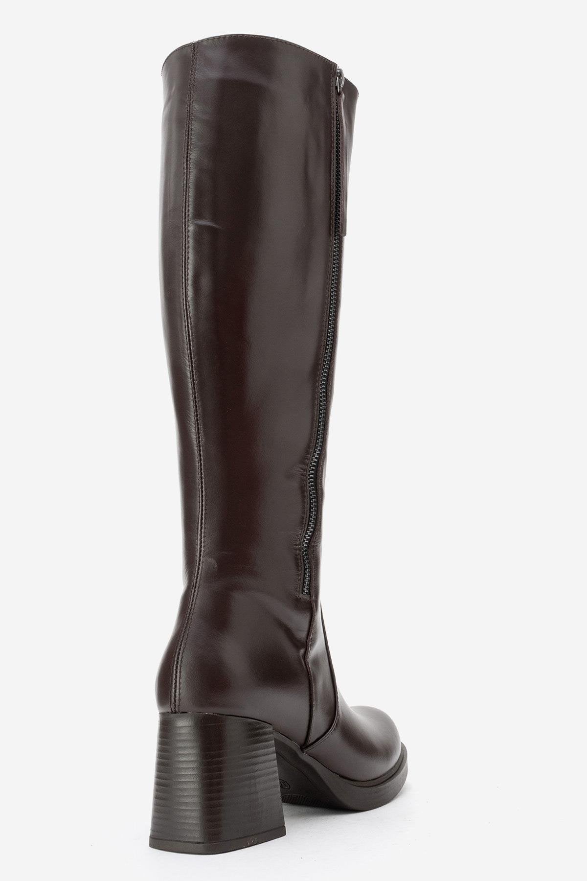 LENSA - Brown Genuine Leather Block Heel Knee-High Boot (Women)