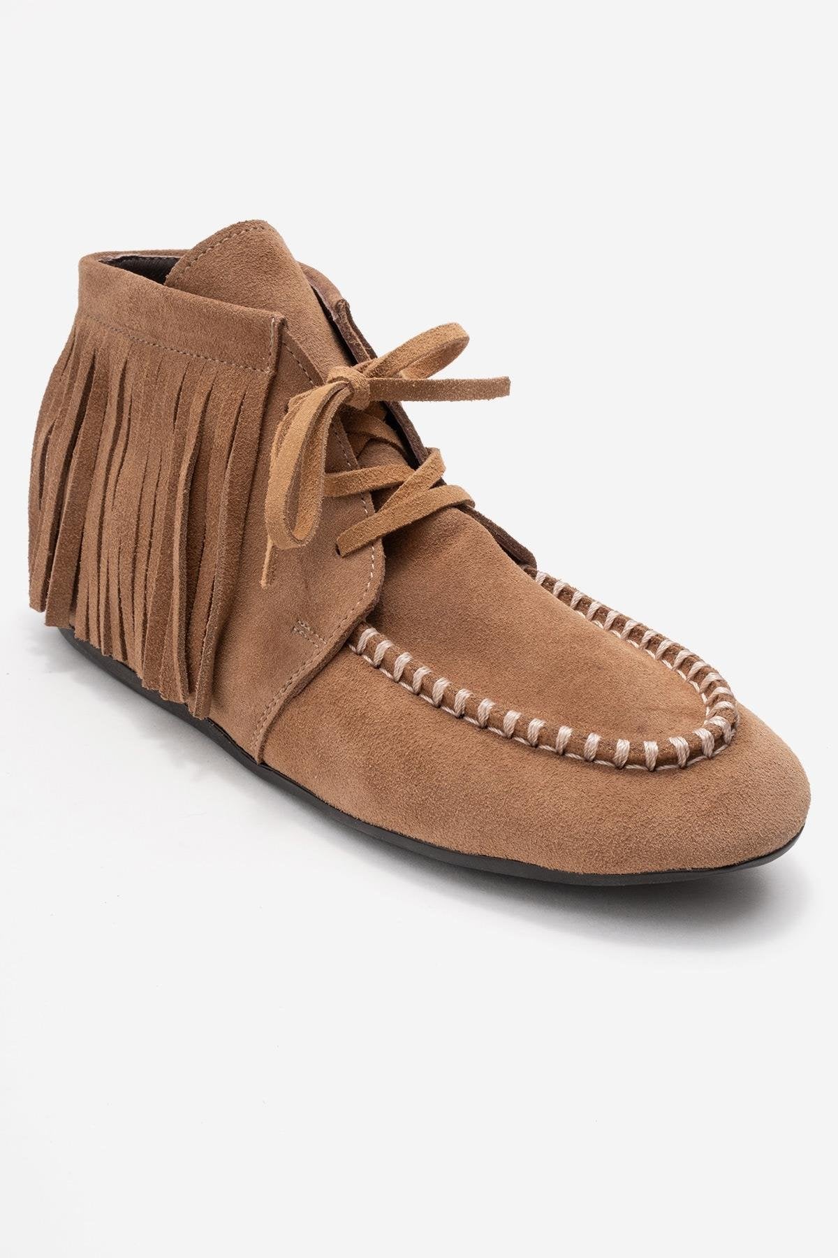 RAUX - Taupe Genuine Suede Leather Fringed Ankle Boot (Women)