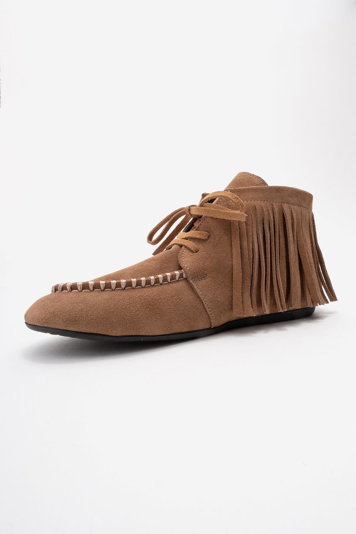 RAUX - Taupe Genuine Suede Leather Fringed Ankle Boot (Women)
