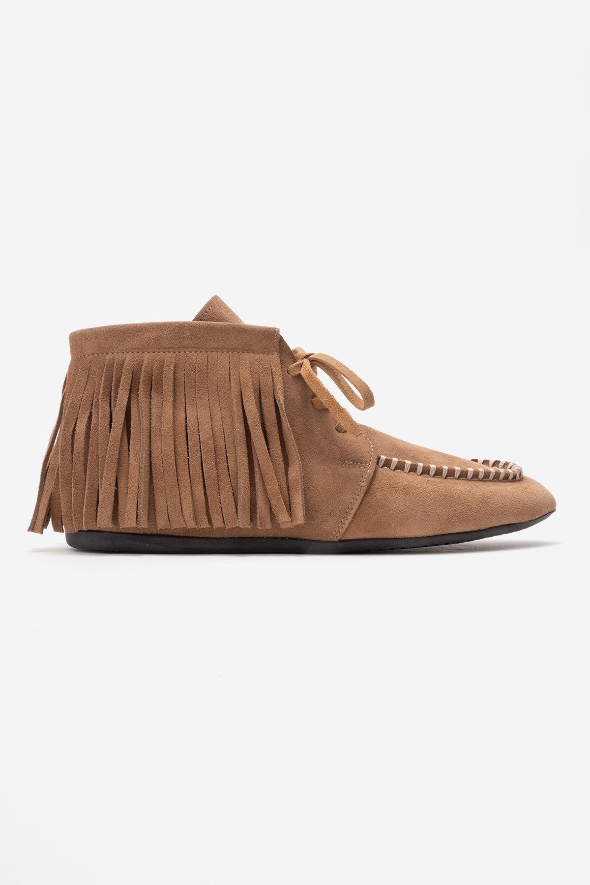 RAUX - Taupe Genuine Suede Leather Fringed Ankle Boot (Women)