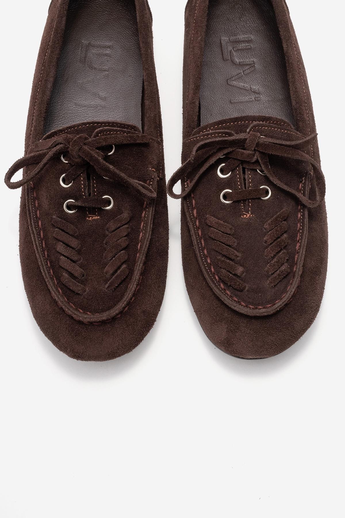 LORVEN - Brown Genuine Suede Leather Lace-Up Loafer (Women)