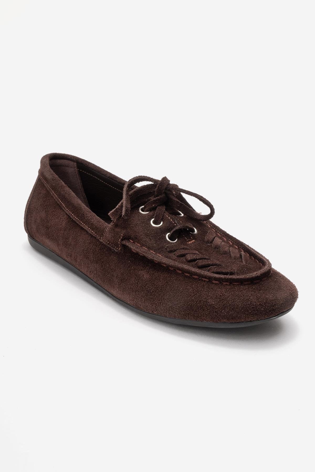 LORVEN - Brown Genuine Suede Leather Lace-Up Loafer (Women)