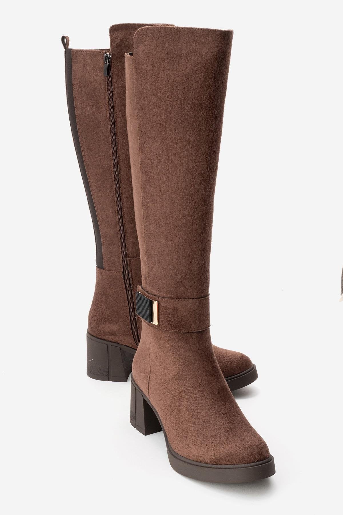 MORENİ - Brown Genuine Leather Knee-High Block Heel Boot (Women)