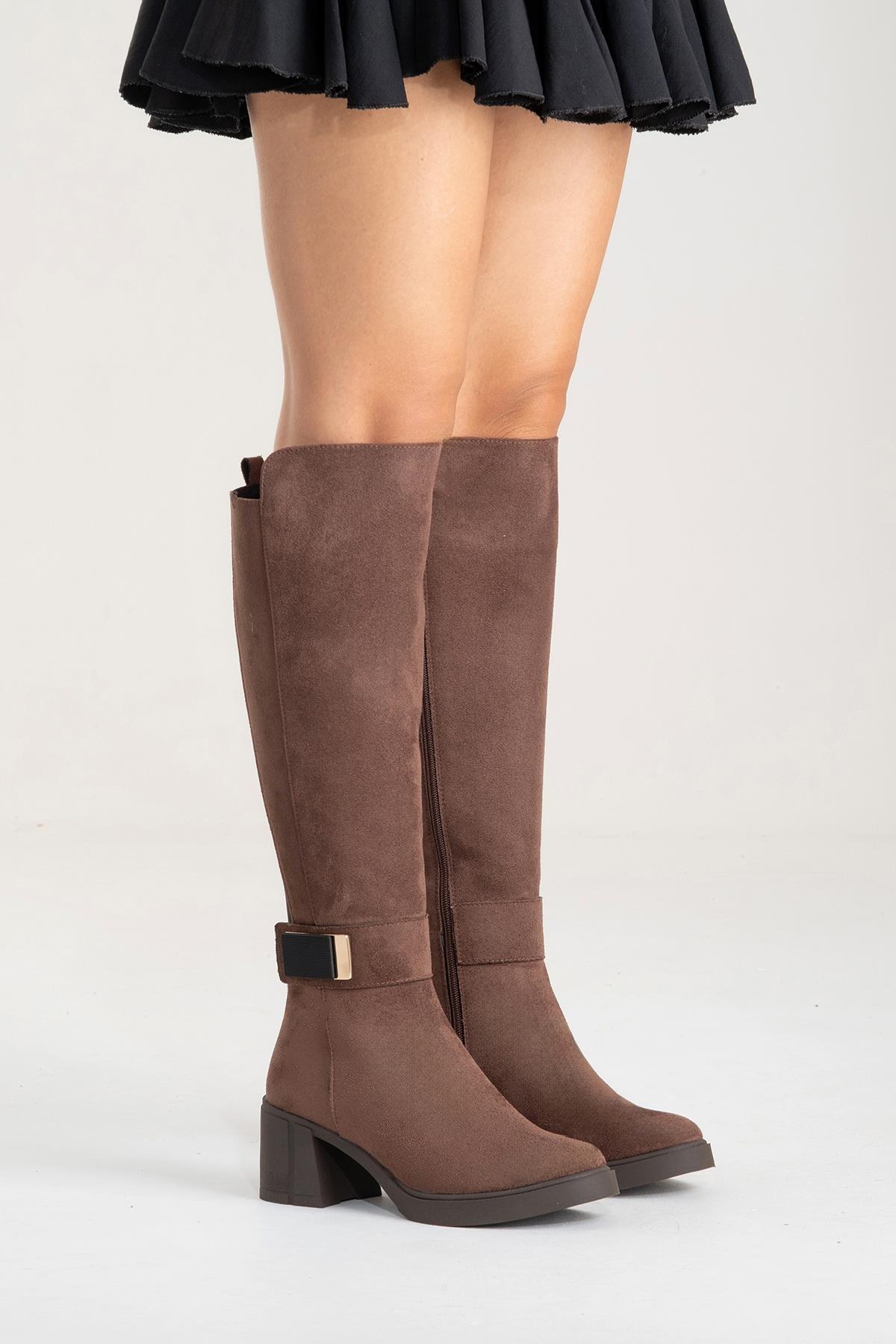 MORENİ - Brown Genuine Leather Knee-High Block Heel Boot (Women)