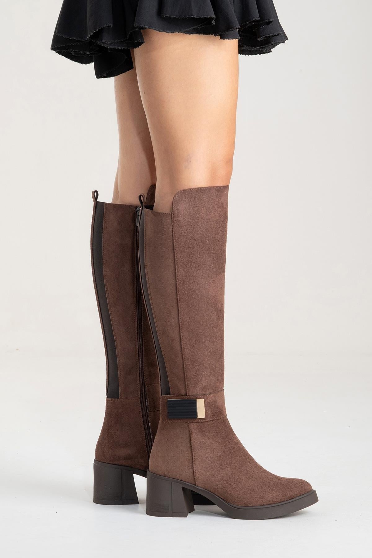 MORENİ - Brown Genuine Leather Knee-High Block Heel Boot (Women)