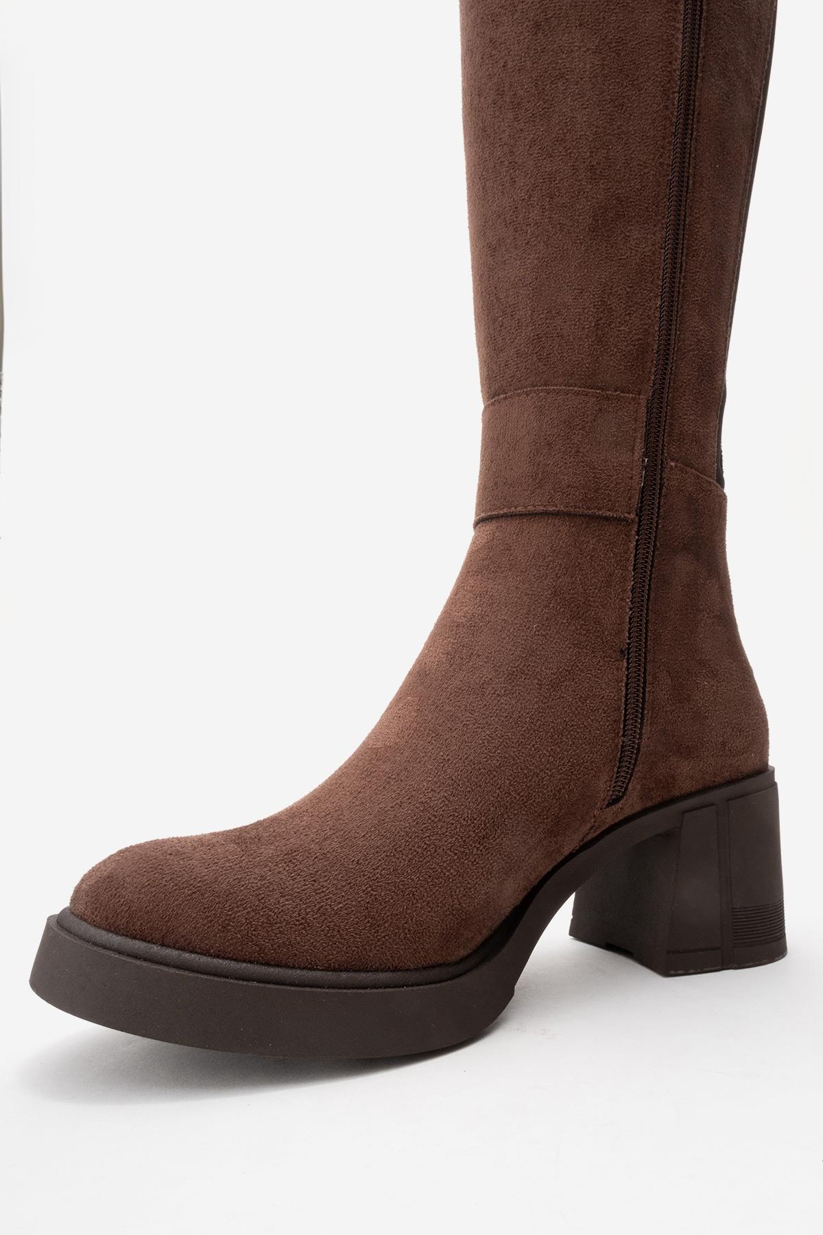 MORENİ - Brown Genuine Leather Knee-High Block Heel Boot (Women)