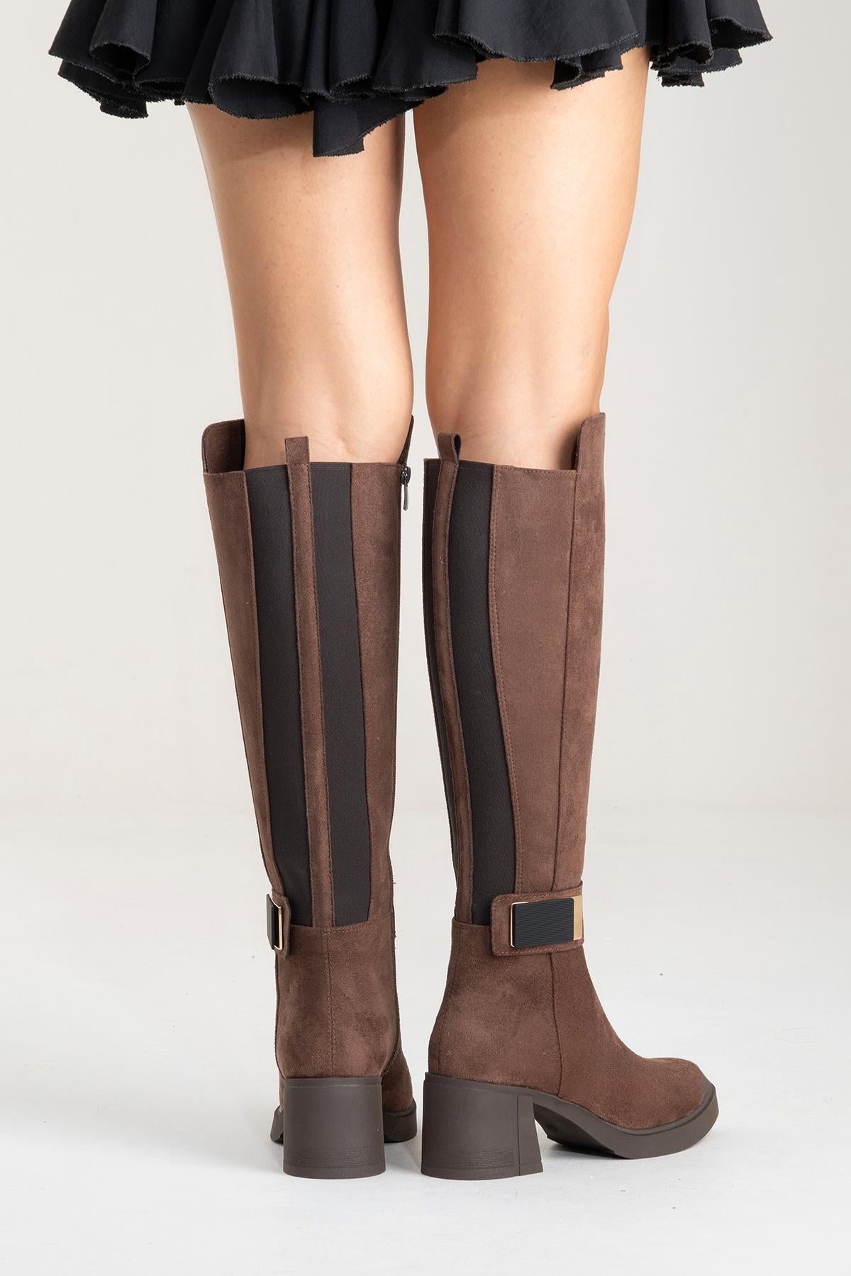 MORENİ - Brown Genuine Leather Knee-High Block Heel Boot (Women)