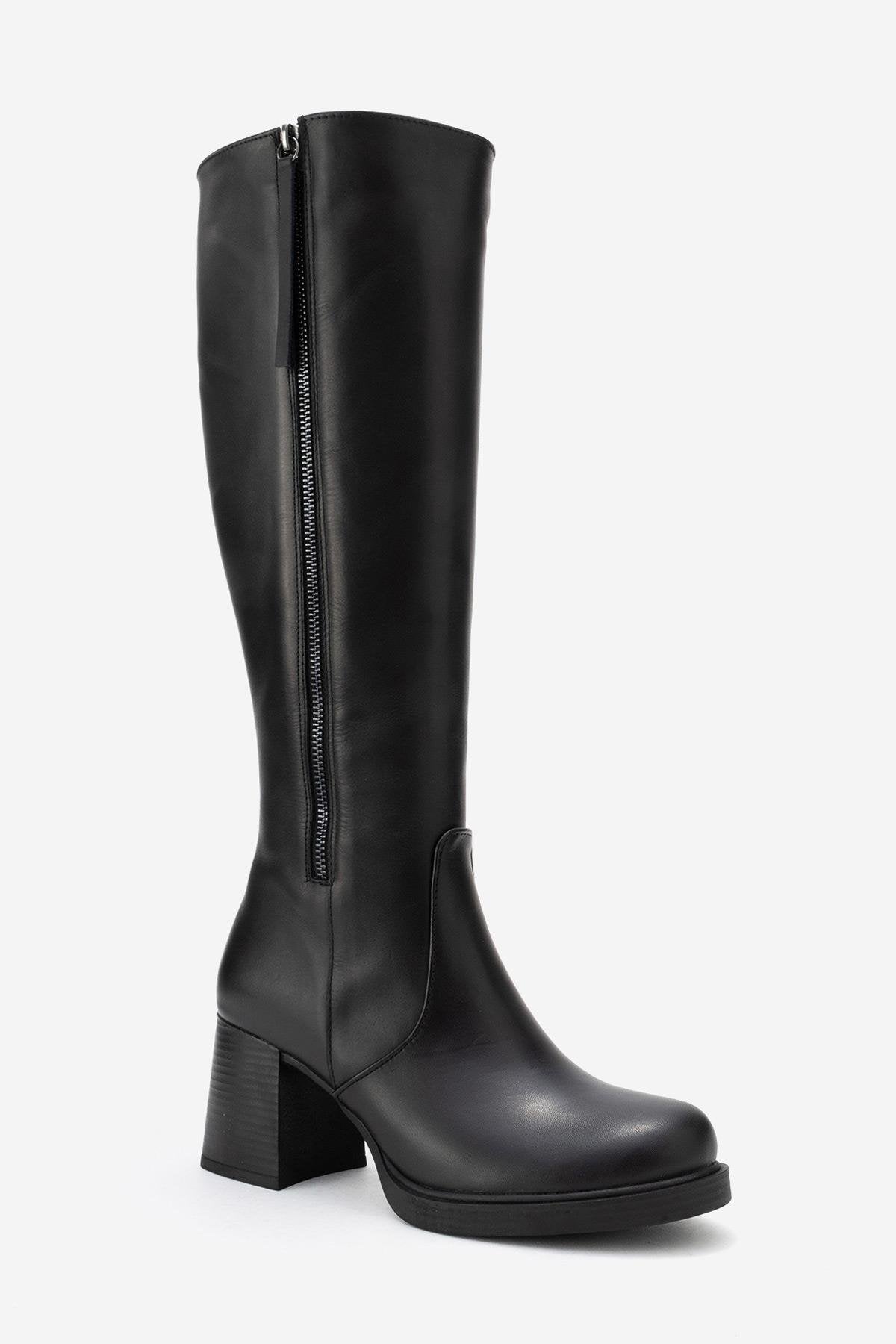 LENSA - Black Genuine Leather Block Heel Boot (Women)