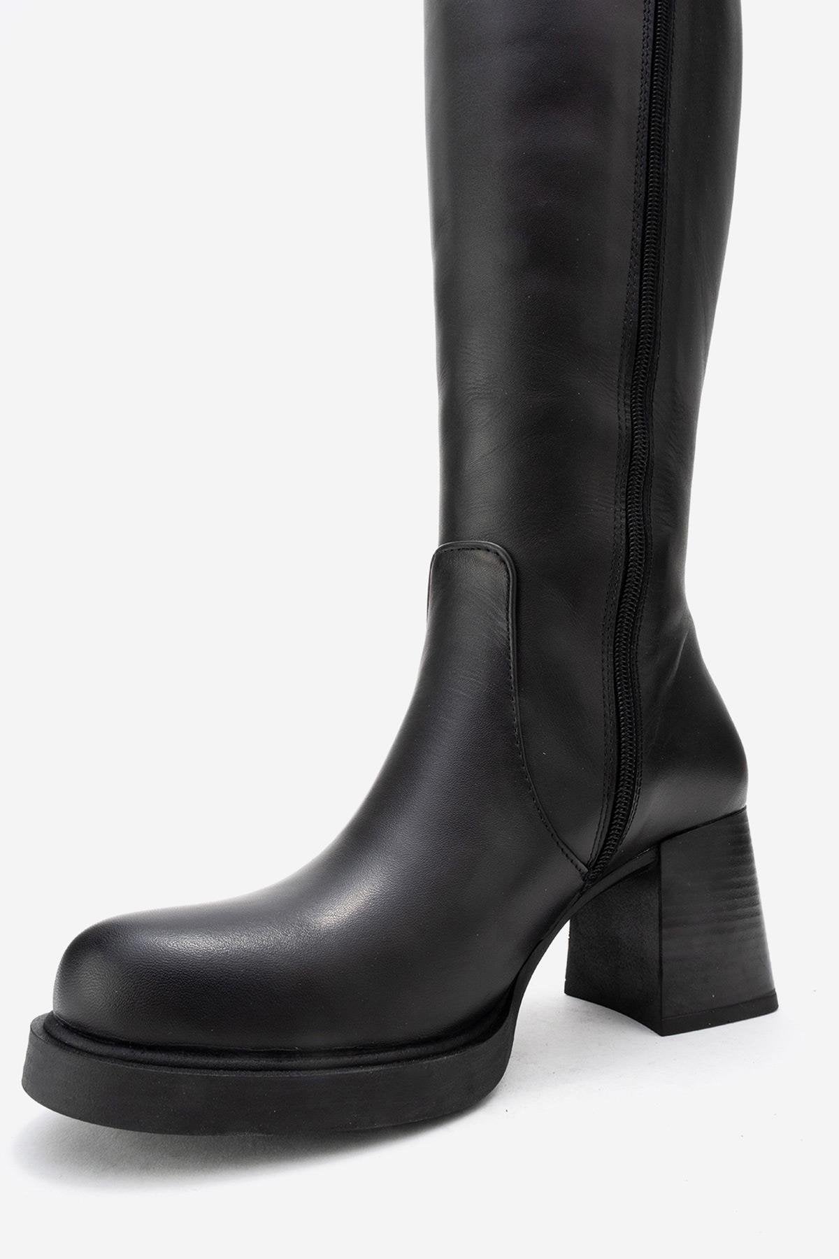 LENSA - Black Genuine Leather Block Heel Boot (Women)