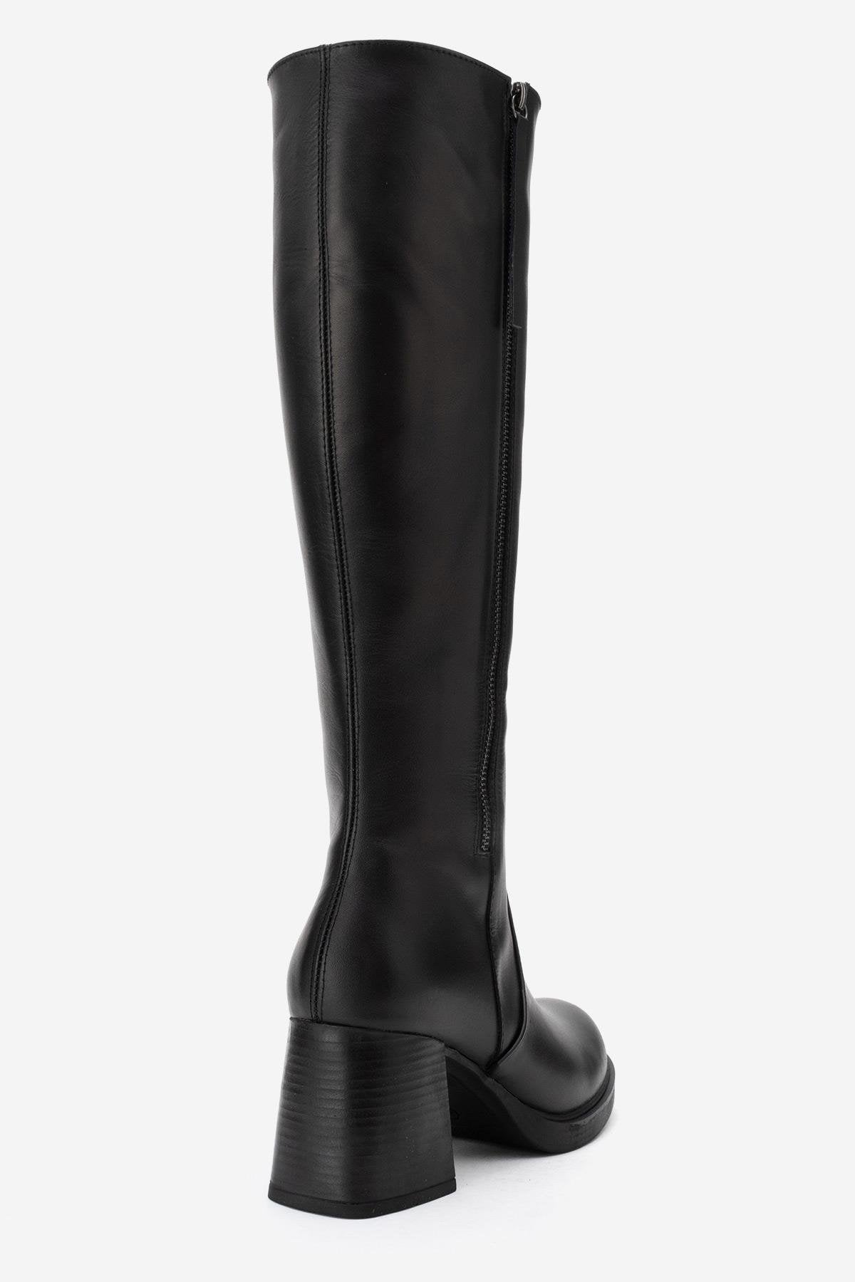 LENSA - Black Genuine Leather Block Heel Boot (Women)