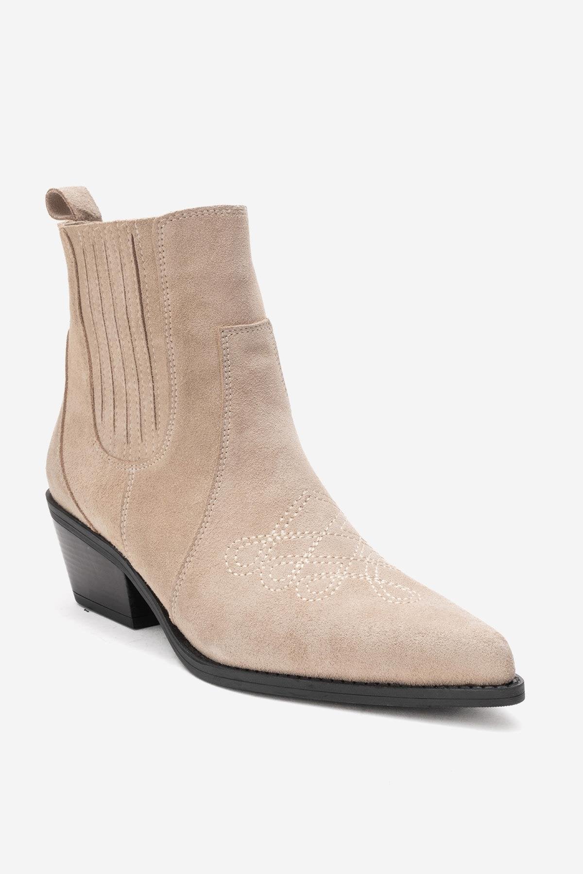JULIETA - Beige Genuine Suede Leather Block Heel Western Boot (Women)