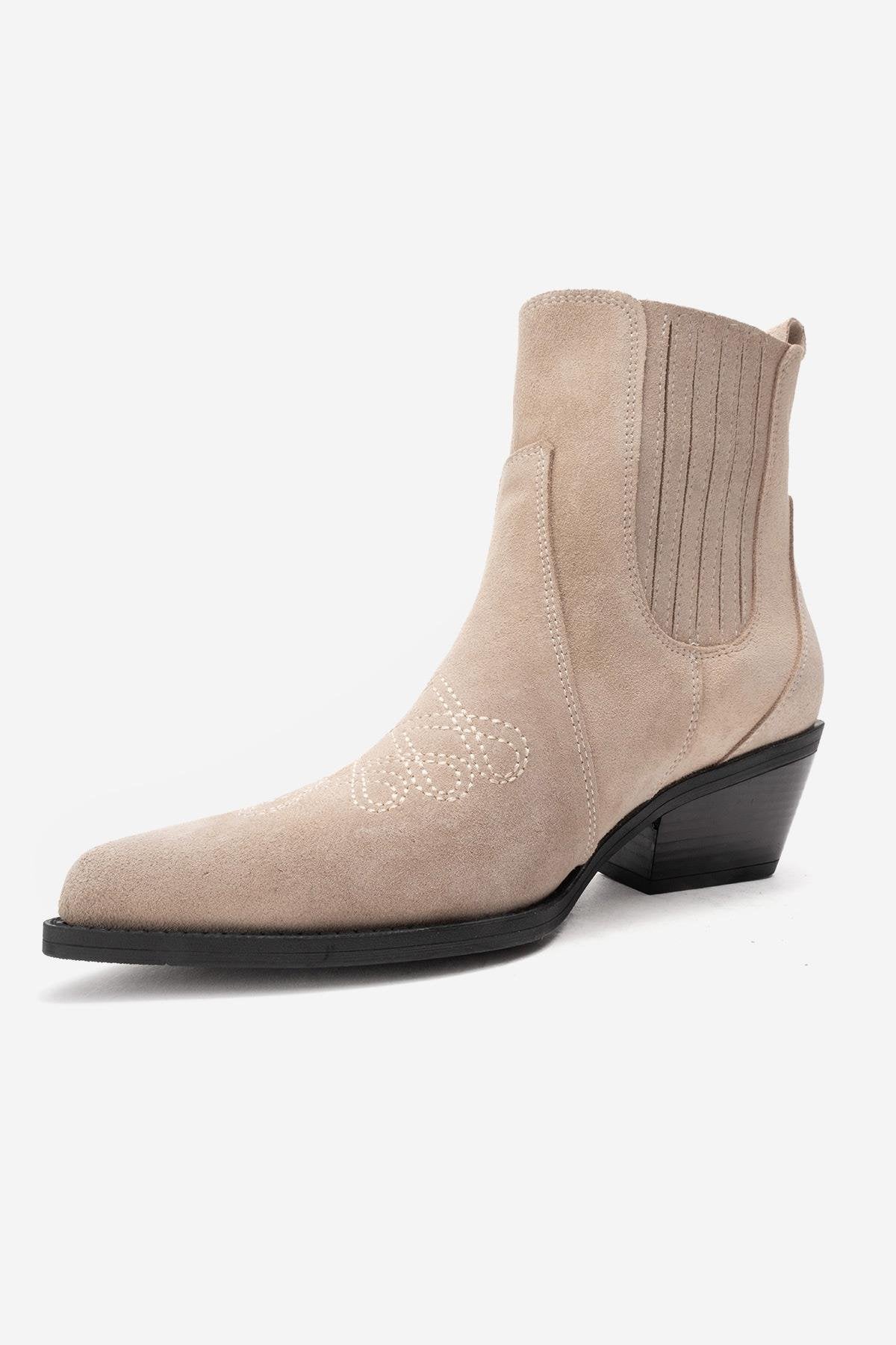 JULIETA - Beige Genuine Suede Leather Block Heel Western Boot (Women)